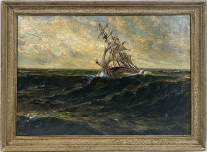 Charles Herbert Woodbury (American 1864-1940) Oil on Canvas: Charles Herbert Woodbury (American 1864-1940) Oil on Canvas Painting depicting a Boat / Ship Seascape Signed Lower Left Frame Size 26" L x 35" L approx Canvas 21.5" H x 30" L in Good Overall