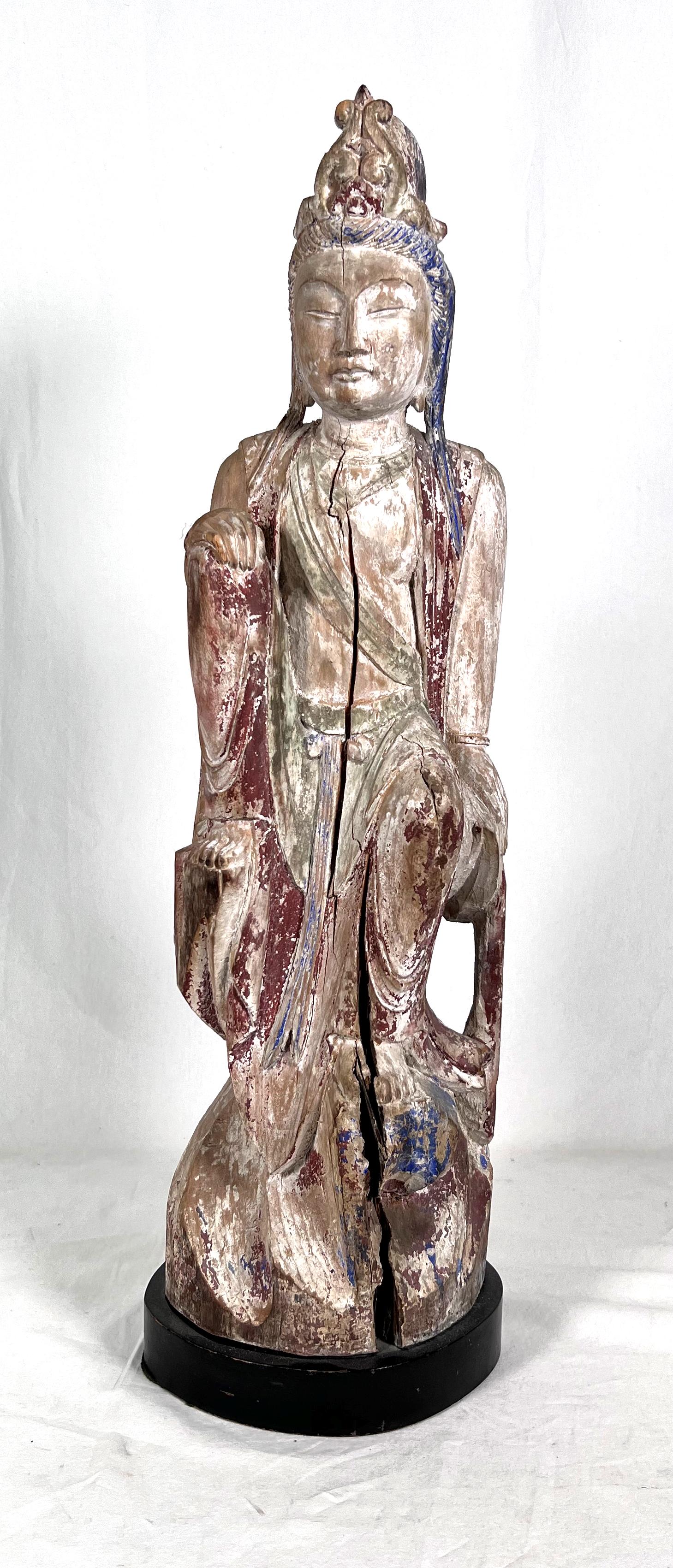 Antique Chinese Kwan Yin Guan Yin Sculpture: Antique Chinese Kwan Yin Guan Yin Figure Hand Painted Polychrome ? Some Chipping Cracks and Paint Loss Please Refer to Photos Dimensions 25"H x 7"W x 7"L Out of New York City Estate