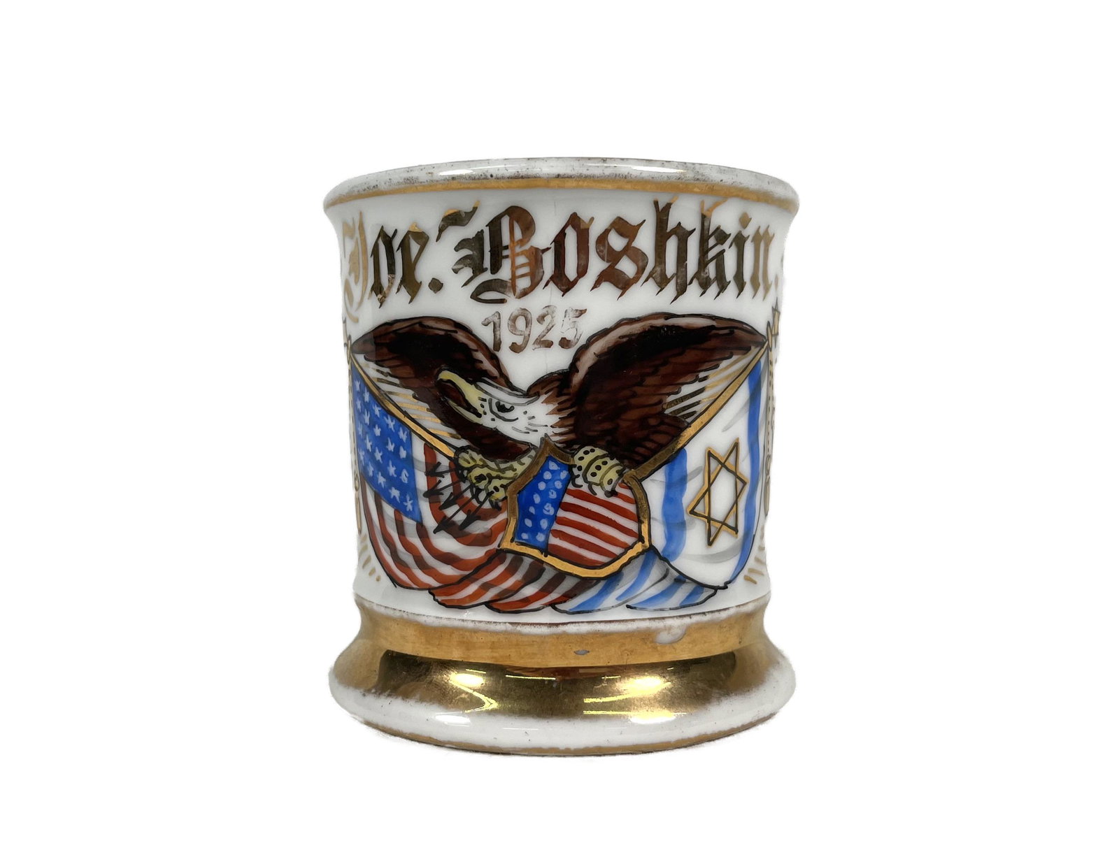 Patriotic Shaving Mug Pre WWII: Shaving Mug Patriotic Eagle & American Flag Dated 1925 3.65" H x 3.5" D marked on the bottom Felda China Germany Post Civil War World War WWI Pre WWII wear from over the years Please look at Photos Cl