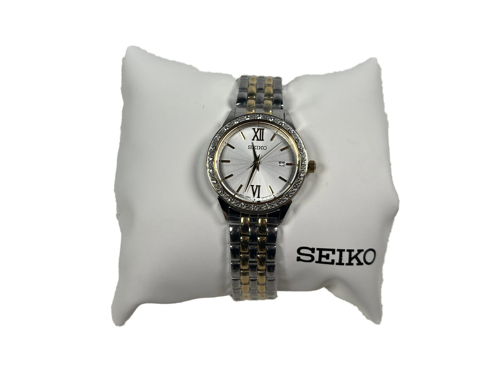 Seiko Watch: Seiko Watch Polished Two-Tone Stainless Steel & Choice crystal accents 28mm Case Strap silver-tone & gold-tone stainless steel bracelet with fold-over clasp; approx. adjustable circum.: 7.5" Dial Whit