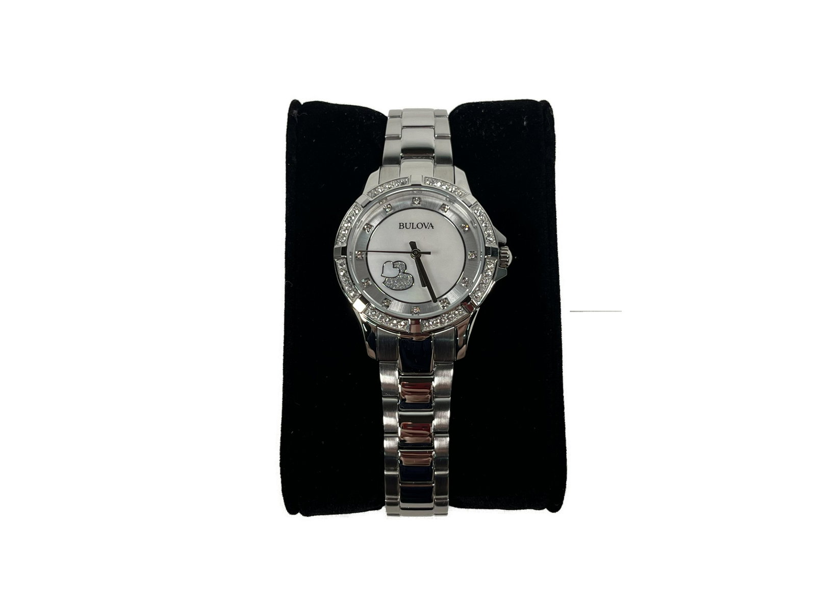 Bulova Watch: Bulova Watch Swarovski crystal accents on bezel mother of pearl dial Heart Design Stainless Steel Case 30mm & Strap In Great Overall Condition Please look at Photos Closely Out of a New York City Esta