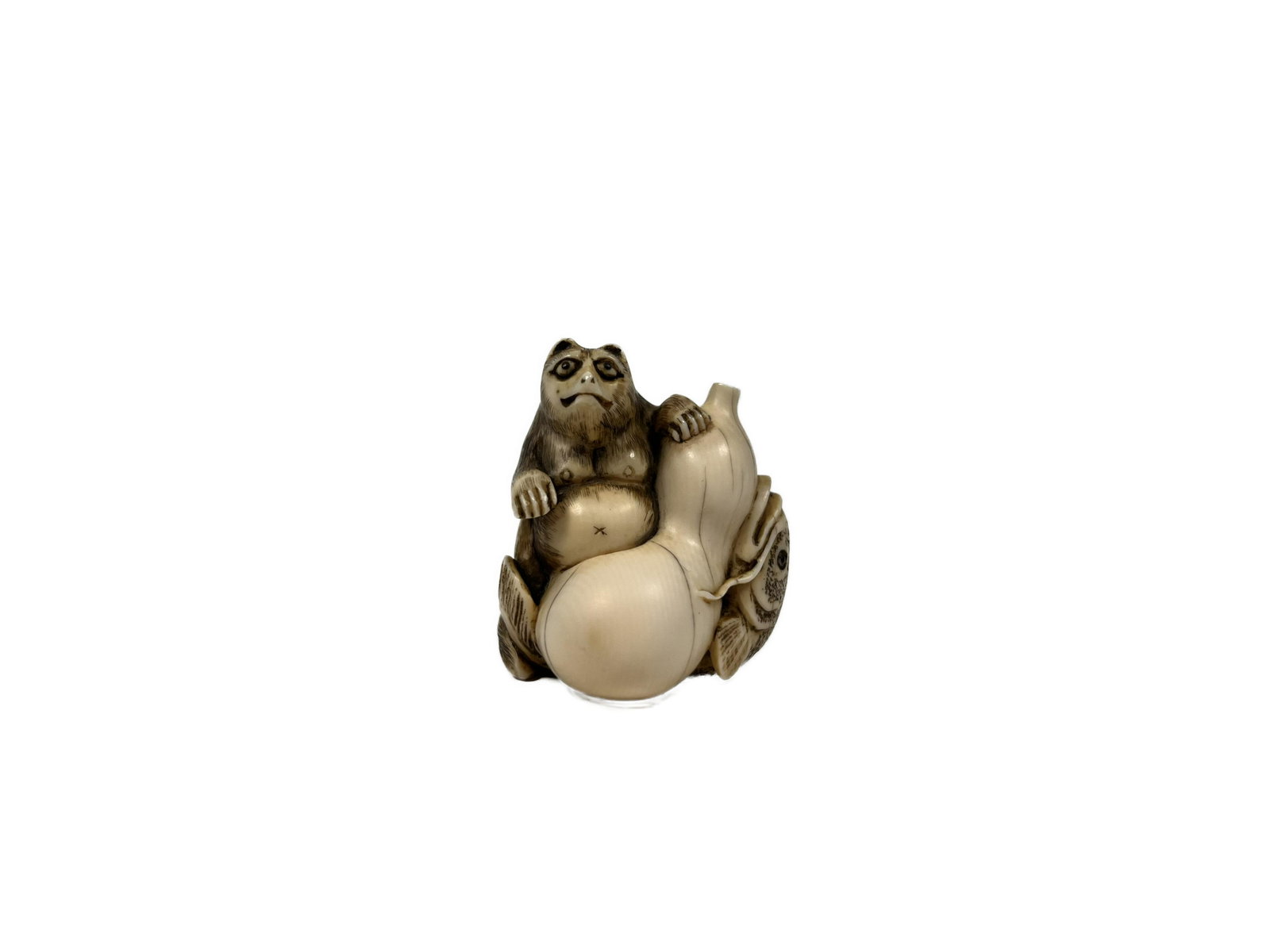 Chinese Carved Figural Snuff Bottle Signed: Chinese or Japanese Finely Carved Figural Snuff Bottle of a Tanuki Suffocating a Fish Netsuke Signed on the Bottom possibly hand carved white coral or bone organic 1.5" H x 1.5" Item is in Good Condit
