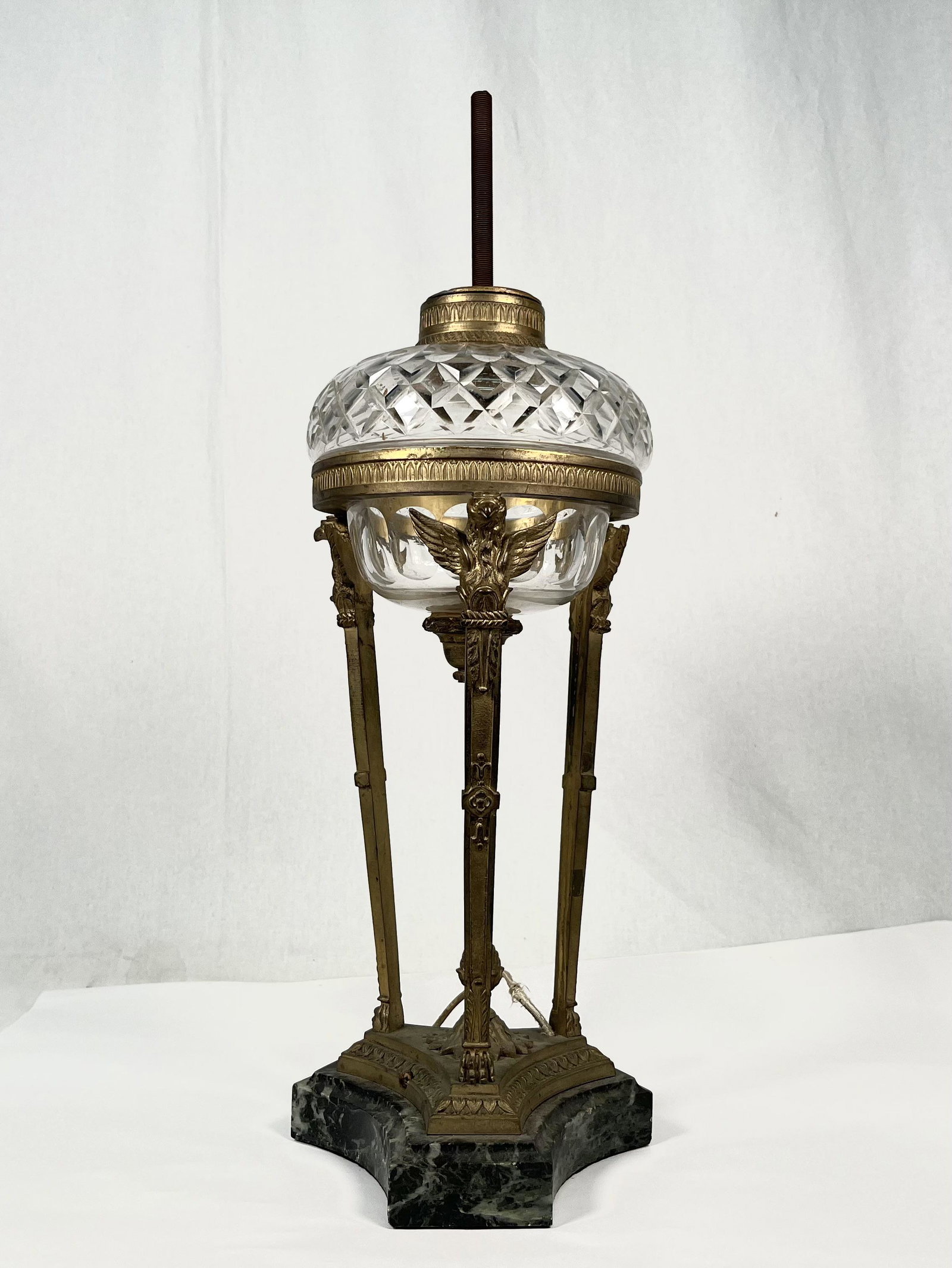 19th C. Cut Glass & Gilt Bronze Lamp Empire Style: 19th Century Crystal lamp carved in a chiseled and gilded bronze mount on a sea green marble base the tank (removable) is arranged in a support with a trilobed base and comprising three pilaster uprig