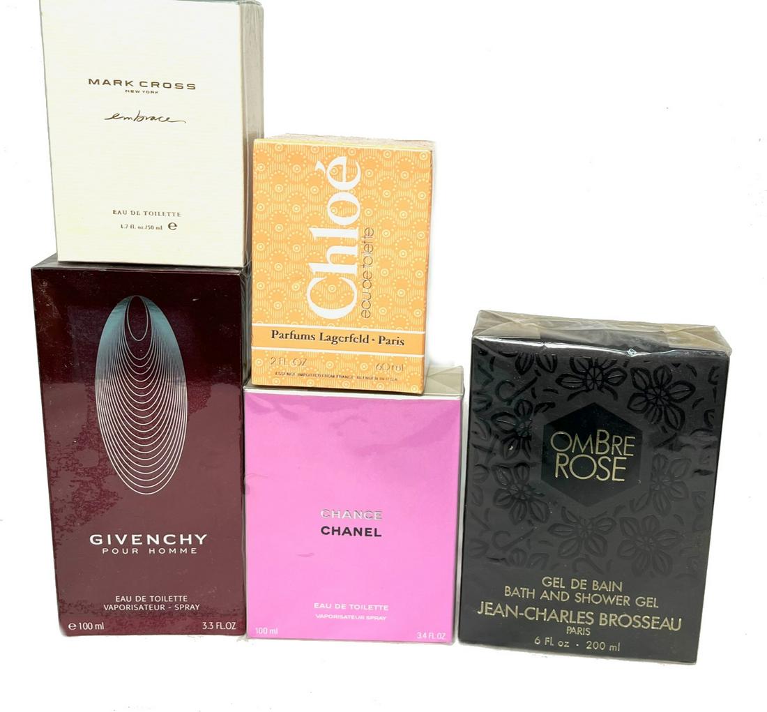Lot of 5 New Sealed Designer Perfume Lot: Designer Perfumes Brand New Sealed Lot of Five Fragrances Chanel Chance Givenchy Ombre Rose Chloe Mark Cross Please Refer to Photos for Sizes Brand New Out of New York City Estate