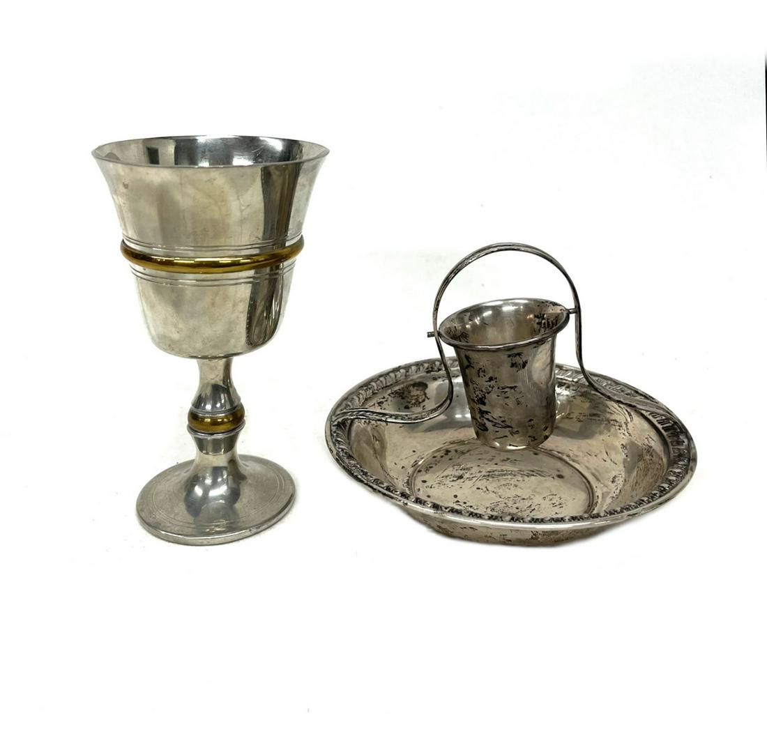 Judaica Pewter Goblet and Sterling Silver Hand Wash Set: An English Pewter Gold Plated Kiddush Cup and Vintage Sterling Silver Hand Wash Plate Both Used for Reciting Jewish Blessings Judaica Table Set The Cup Measures 5.25" tall and 5" x 5" Wash Plate Both