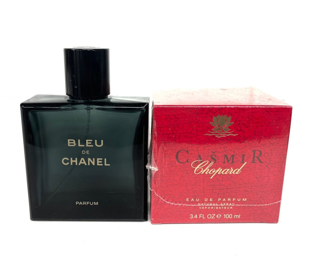 New Chopard 100 ML Perfume w/ Chanel Bleu Bottle: Brand New Sealed Casmir Chopard 100 ML Perfume Bottle with Empty Used Eau De Parfum Chanel Bleu 150 ML Bottle Please Refer to Photos Out of New York City Estate