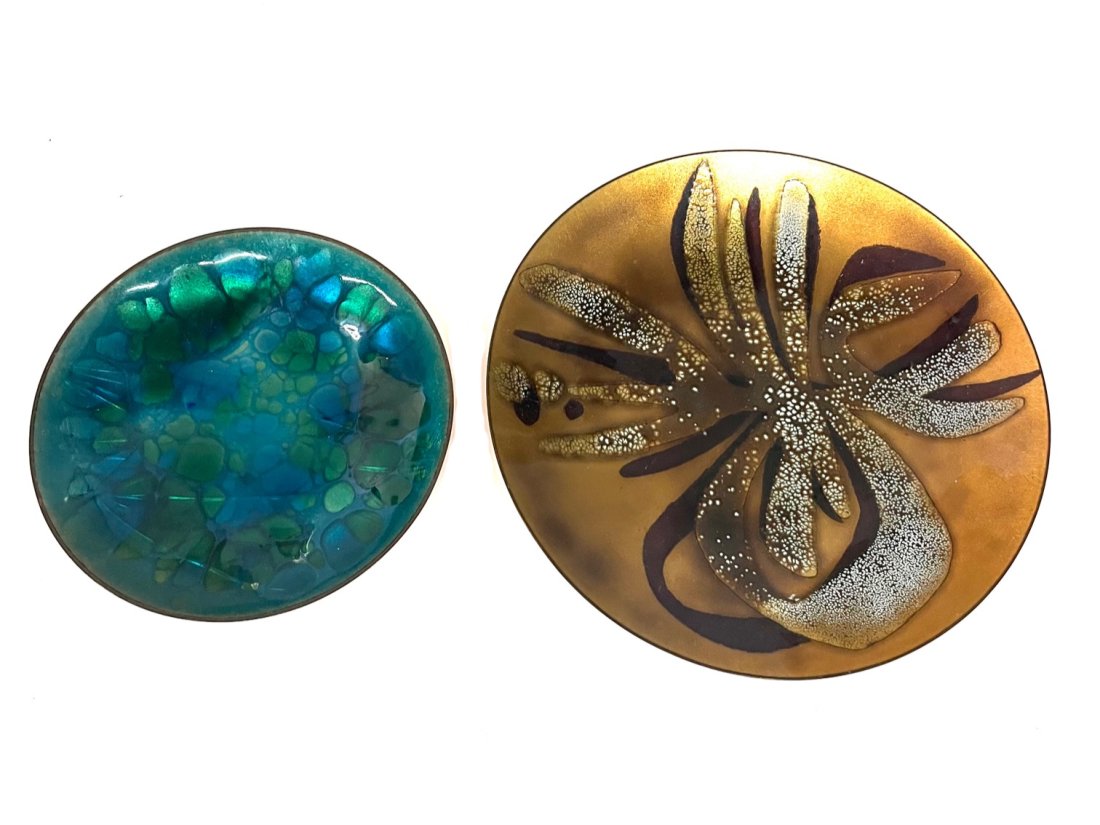 Pair of Vintage Enamel and Copper Dish Plates: (1) Vintage Gold colored Enamel and Copper Dish Plate by Kubasek Schiller Australia 8" H and (1) Small Enamel and Copper Blue/Green Dish Plate 6" H Signed in the Back Artist Illegible Both Plates in G