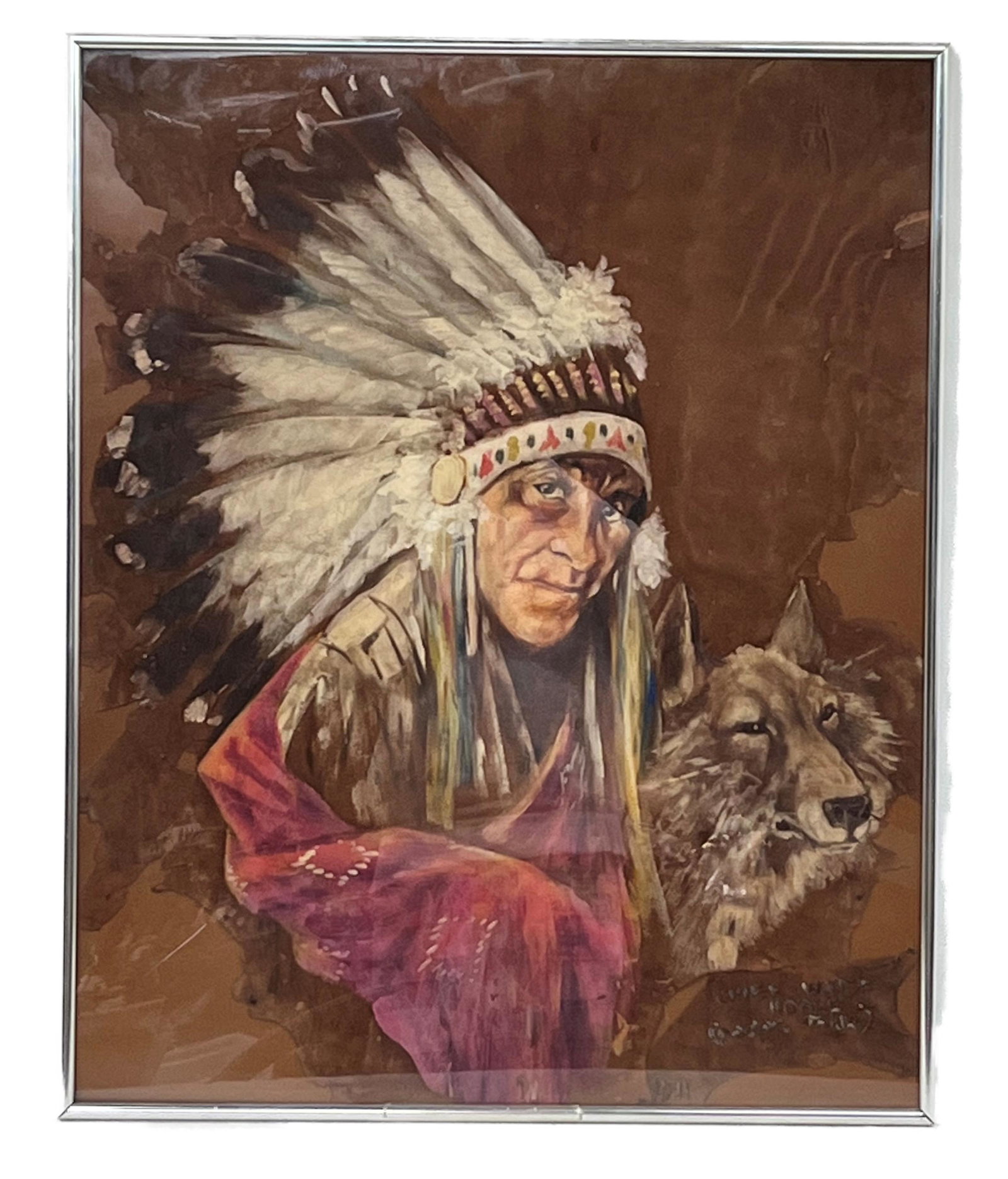 Big Chief White Horse Eagle of the Osagi Tribe: Big Chief White Horse Eagle of the Osagi Tribe with Wolf Painting Oil on Tanned Deer Skin Gray Horse Eagle More Commonly Known As Big Chief White Horse Eagle Came With An Impressive ResumÃ© When He 