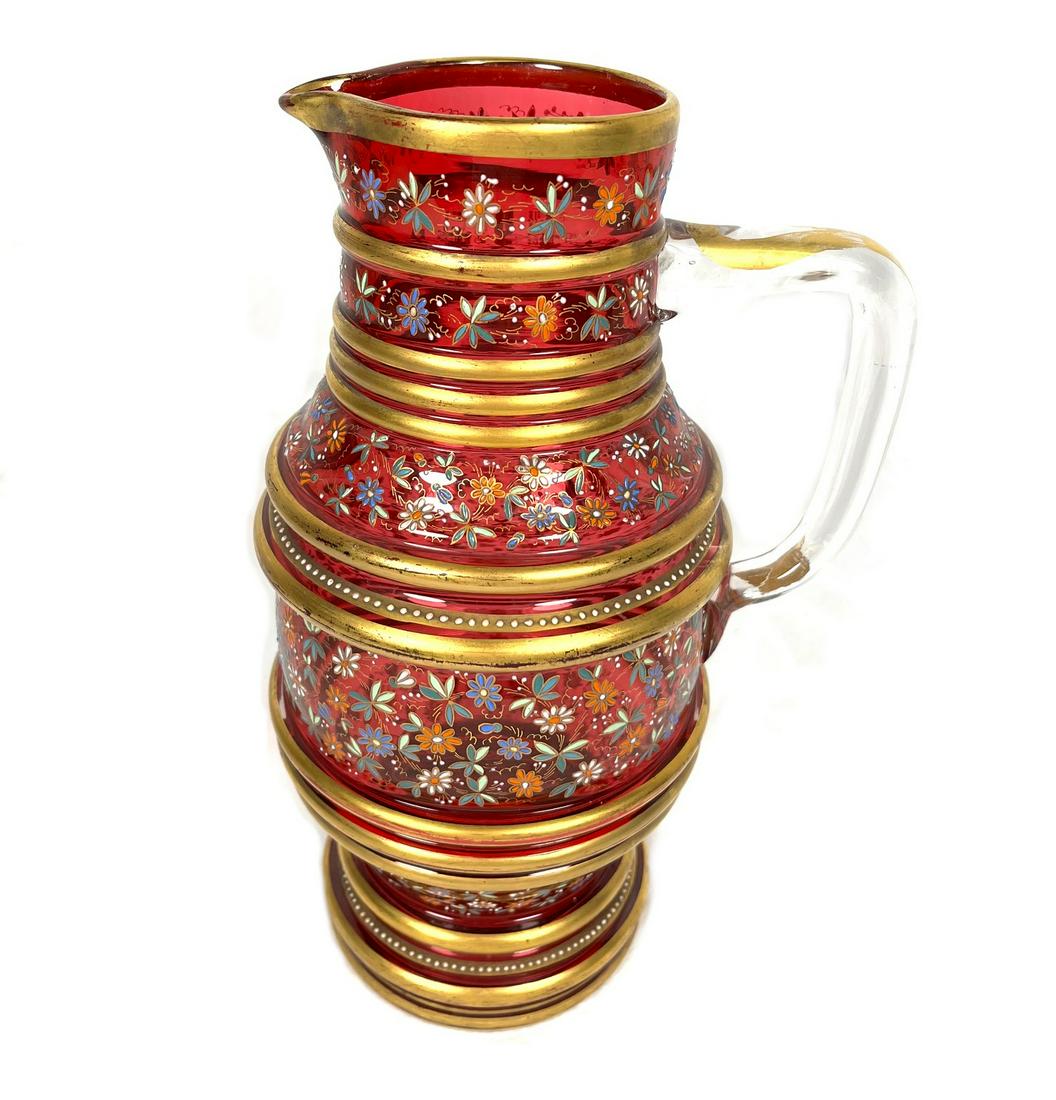 Moser ? Art Glass Enameled Pitcher Vase (1 of 4)