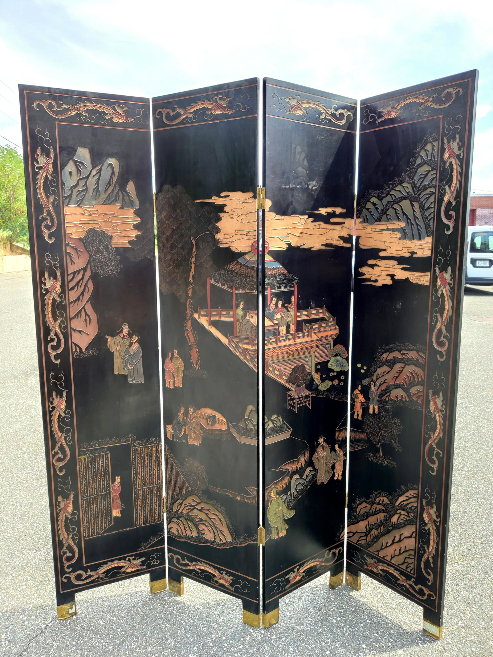 Chinese Hand Painted Black Lacquer Four Panel Screen (1 of 7)