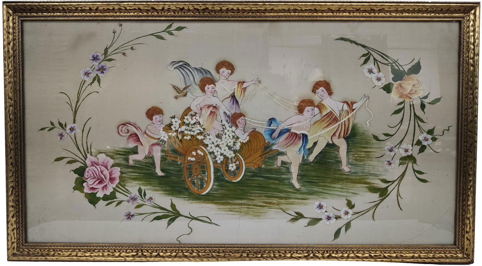 Cherubs on Chariot Hand Painted Oil on Silk (1 of 3)