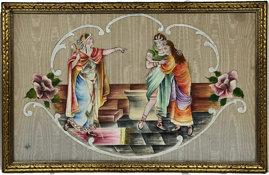 Hindu God Hand Painted Oil on Silk: Hindu Goddess Hand Painted Oil on Silk Floral Motif 23.5" H x 36.5" L 20.5" H x 33.5" L in Overall Good Condition Please look at Photos Closely Out of a New York City Estate