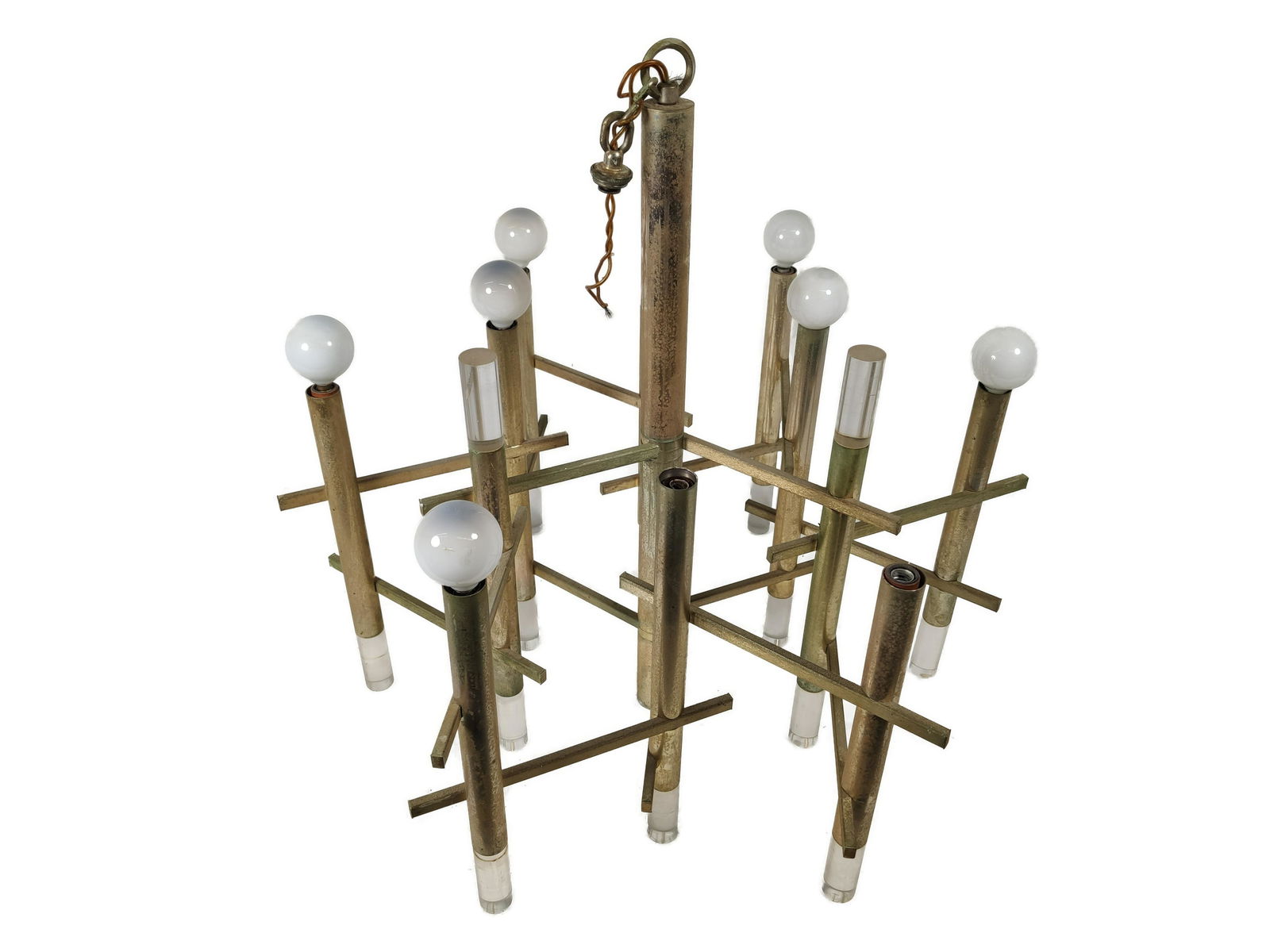 Gaetano Sciolari ( Italy 1927-1994 ) Candelier: Gaetano Sciolari ( Italian 1927-1994 ) Contemporary Modern Lucite Candelier Mid Century Chromed Brass & Lucite on the Top & Bottom Ends Hanging Lamp 24" H x 25" D Condition Consistent with age Wear fr
