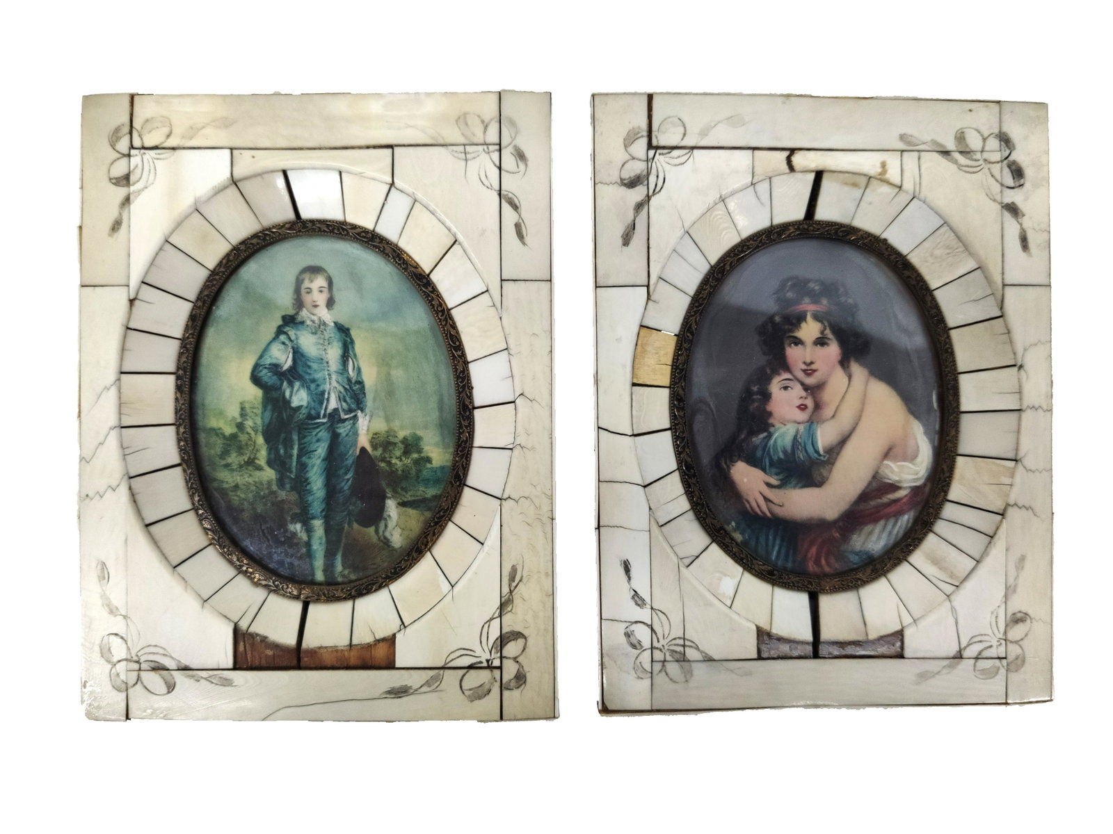 Antique Miniature Oil Paintings: Antique French Miniature Oil Paintings Bone Inlaid Frame Pencil Inscription 19th Century 1 Depicting a Musketeer the other a Mother & her Child Wear from over the Years Visible in the Frame Artwork 4.