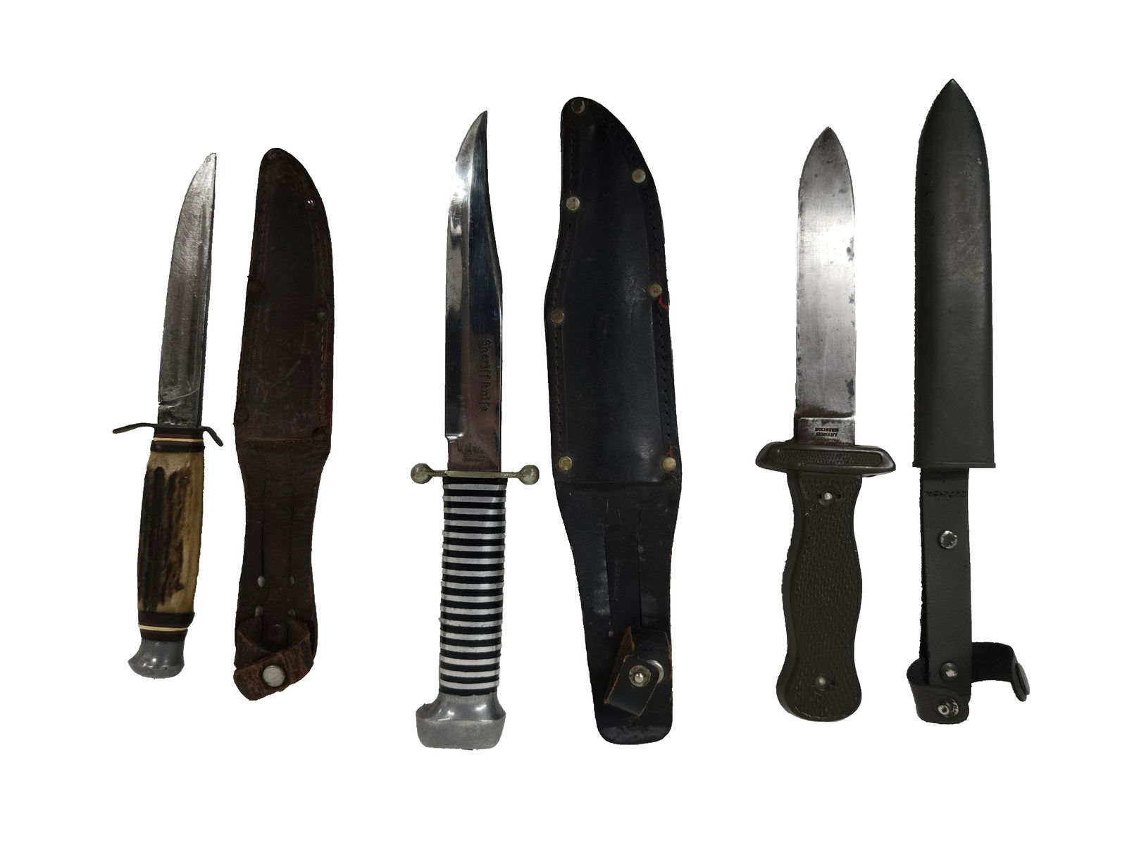 German Combat Knife Lot: Lot of Three Solingen Germany Knives 1x Bone Handle Hygrade Cutlery Solingen Germany Hunting Knife with Leather Sheath 9" L Blade 4.8" L 1x Sheriff Knife Soffe Solingen Germany Hunting Knife with Leat