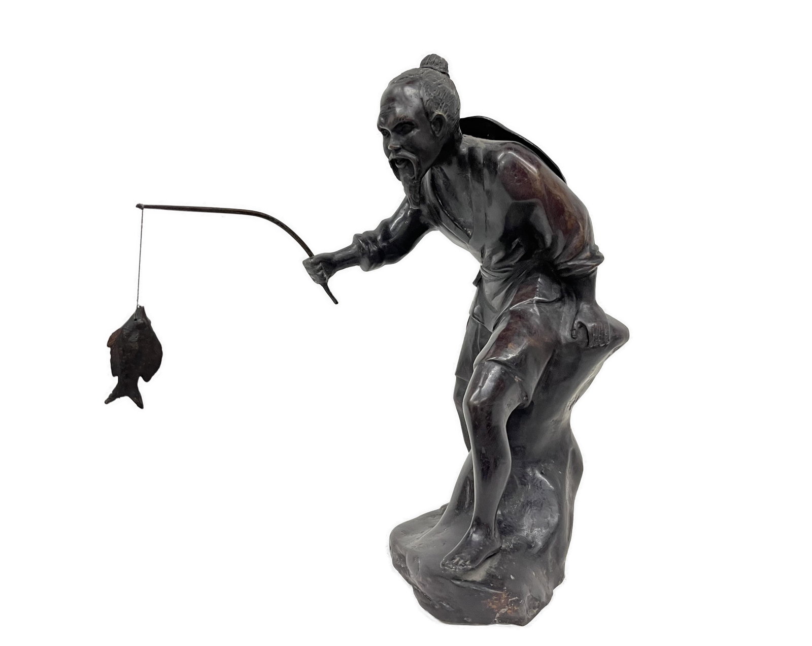 Japanese Bronze Figure of Fisherman: Antique Japanese Bronze Fisherman Statue Right Hand holding Removable thin Fishing Rod with Fish Wearing a Conical Kasa on his back Robes Layered in Folds tied around the Waist Bearing a Water Jug Mej