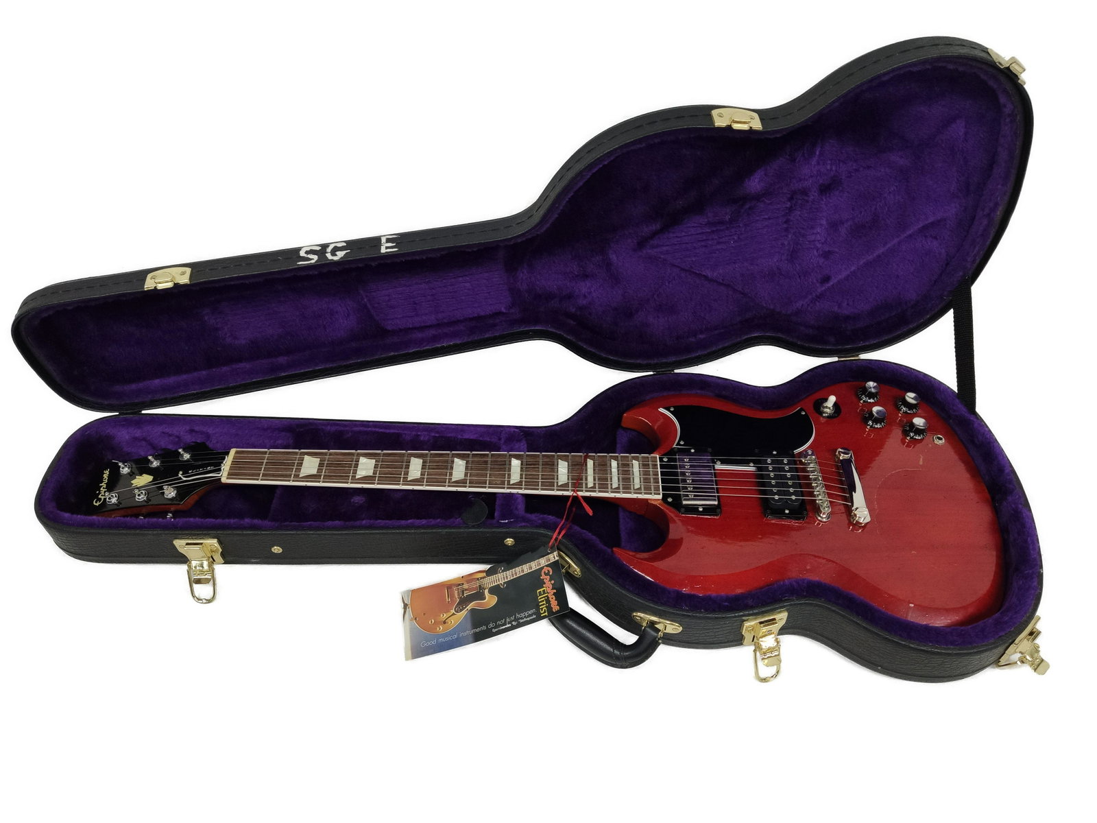 Epiphone SG Elitist '61 Electric Guitar w/ Case: Epiphone '61 SG Elitist Electric Guitar with Grover and Original Case Mother of Pearl Inlays Bone Nuts 7 Saddles Hand-Rubbed Finishes USA Strings Lacquer slightly taken in Overall Good Condition les p