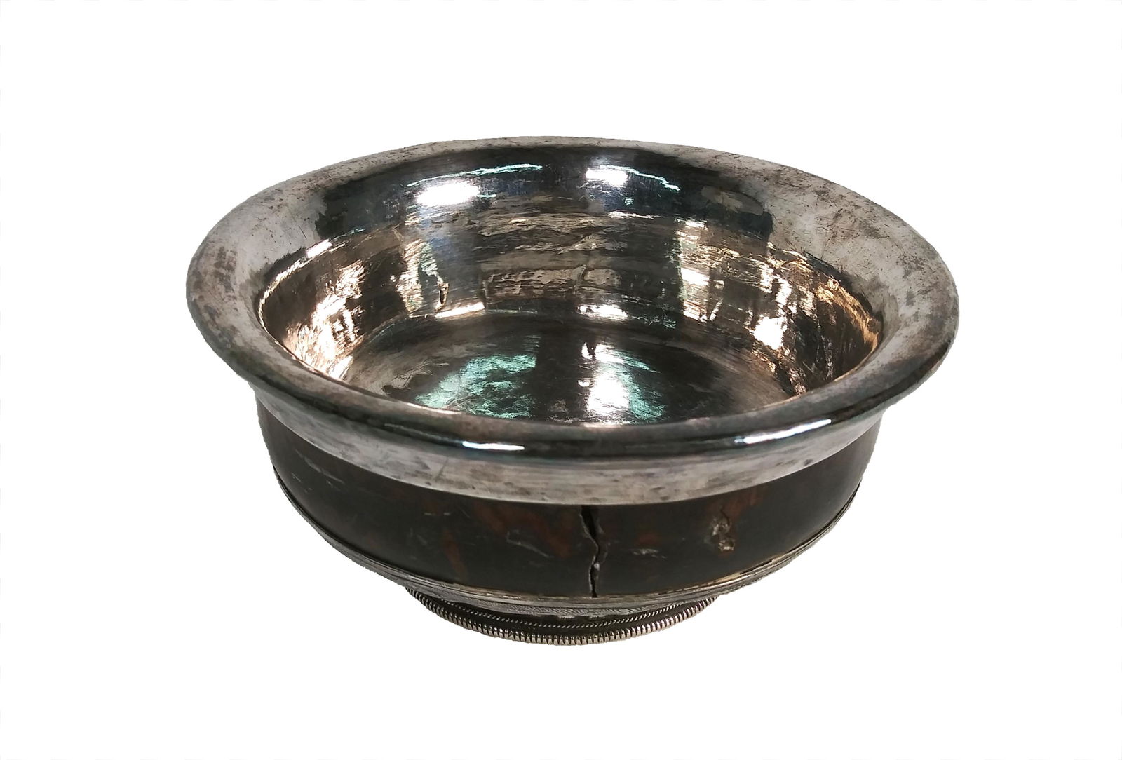 Antique Tibetan Silver & Burl Wood Tea Cup Bowl: 19th Century Antique Chinese or Tibetan Silver & Burl Wood Bowl 5.25" D x 2.5" H Total Weight 273 Grams Slight Wear from over the Years in Overall Good Condition Please look at Photos Closely tea Chic