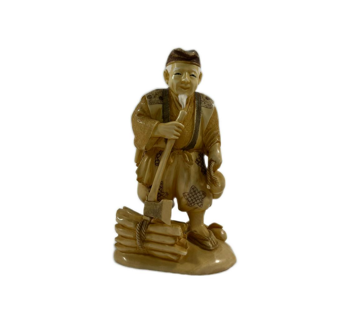 Chinese Carved Sculpture: Chinese White Coral or Bone Carved Sculpture of a Old Man with an Axe Highly Detailed Marked Underneath 4.25" H 132 Grams Weight No Chips or Cracks in Overall Good Condition Please look at Photos Clos