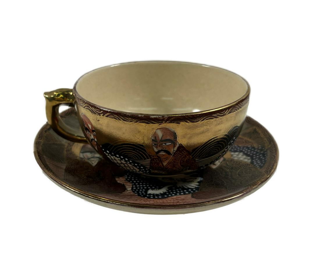 Japanese Meji Period Satsuma Cup & Saucer: Japanese Meji Period Satsuma Cup and Saucer Immortals Elders & Dragons Circa Late 19th Century Signed on Both Bottom Plate 5.5" D Cup 2" H 3.75" D No Chips or Cracks in Overall Good Condition Please l
