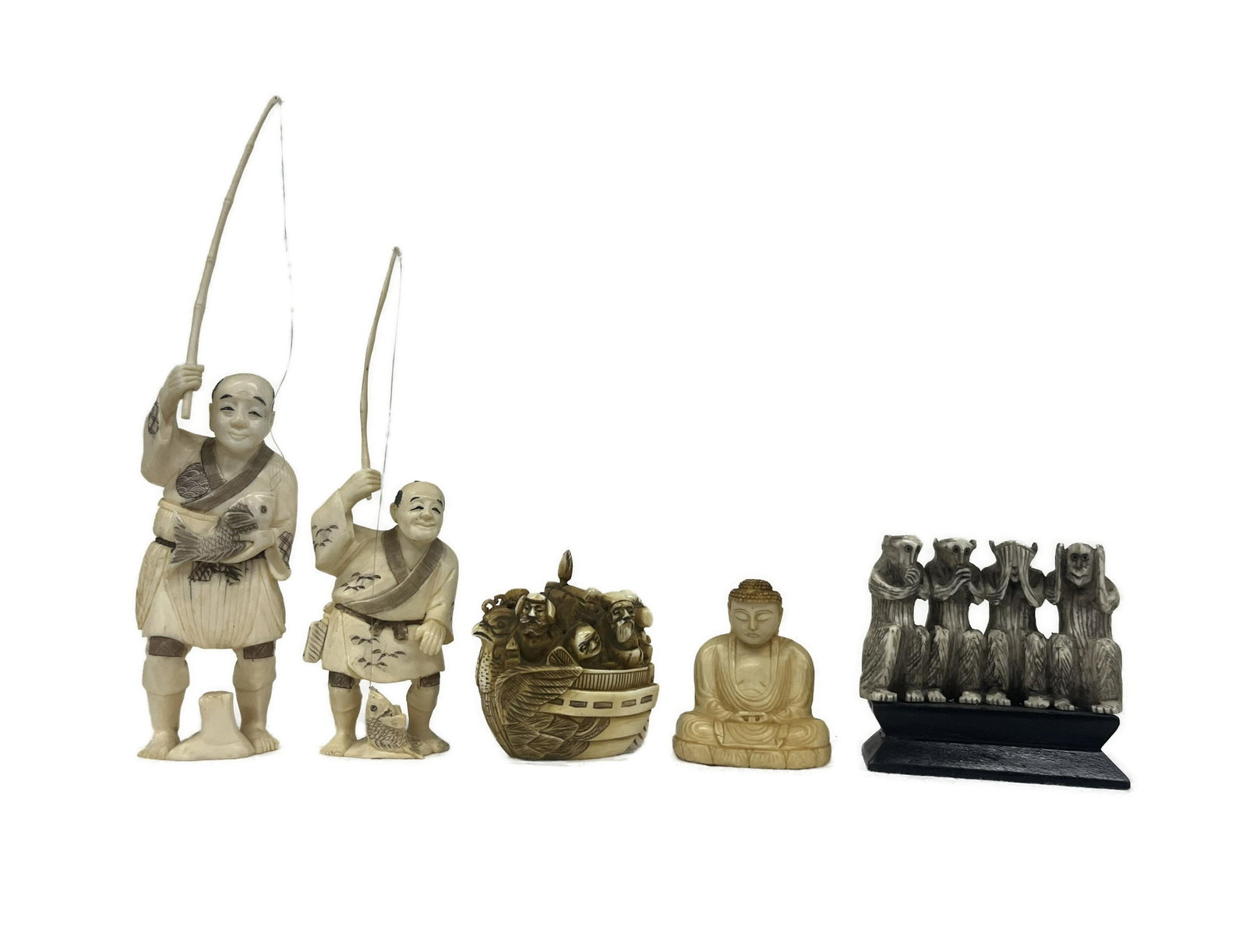 Chinese Carved Sculptures: Lot of Five Chinese Carved Figural Sculpture depicting Fisher Men Buddha Monkeys & Many Men on a Boat Most marked on the bottom Items are in Overall Good Condition Please look at Photos Closely Out of