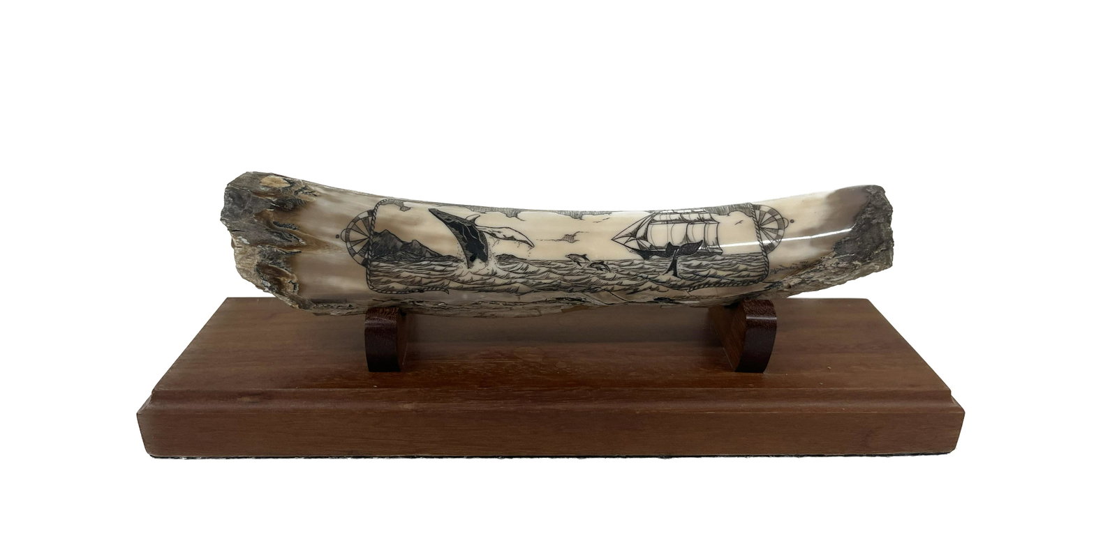 Faux Walrus Tusk Scrimshaw: Natural History Scrimshaw Faux Walrus Tusk Carving Sculpture Signed Depicts Whale Scene Whaling Sailing Ship Condition Consistent for its age Please look at Photos Closely Out of a New York City Estat