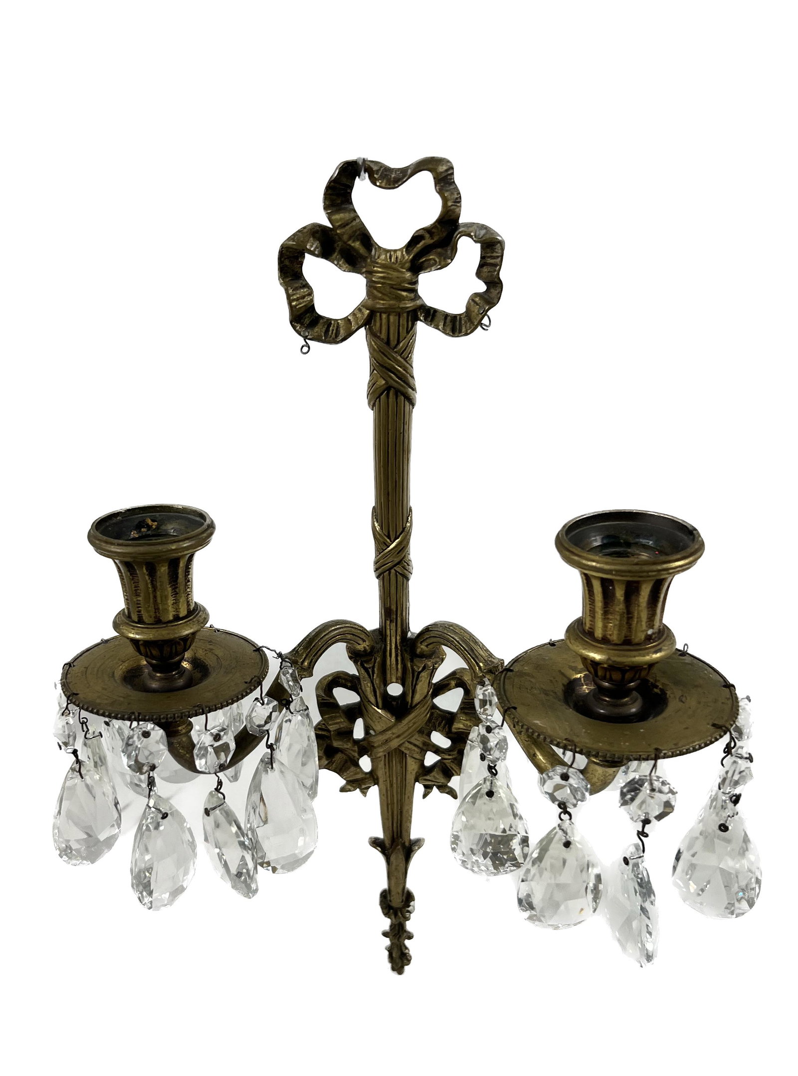 Baccarat Louis XV Gilt Bronze Wall Sconces: 19th Century Baccarat French Louis XV Style Gilt Bronze Ribbon Wall Sconces with Cut Crystal Glass Lustre Hanging Conditioon Shows Wear Overall Good Please Refer To Photos Dimensions Aprox 15 Inches o