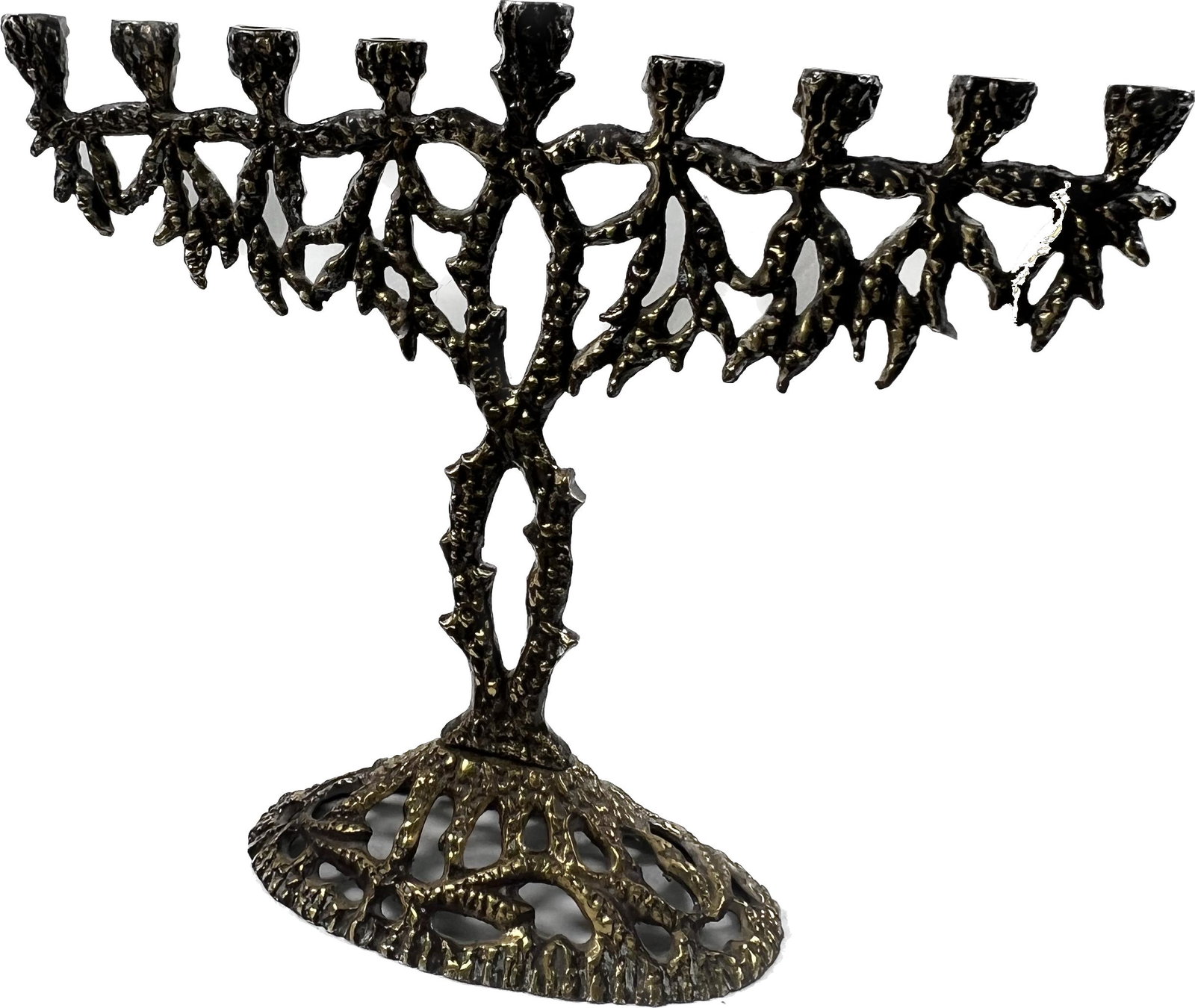 Judaica Hanukkah Menorah Bronze: Judaica Hanukkah Menorah Bronze Candle Holder Made in Israel circa 1950 Marked Under The Foot Waiberg Style? Please Refer To Photos Out Of New York City Estate