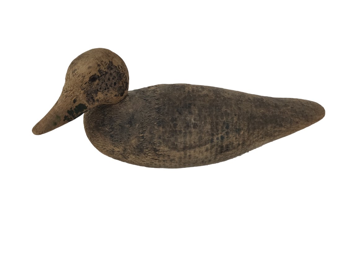 Antique Wooden Folk Art Duck Decoy: Antique Wooden Duck Hunting Decoy in Natural Wood Color With Glass Eyes Hunter Shotgun Rifle Fish Game Fishing Hand Carved Dimensions 17"L x 6"H x 7"W Very Good Pre-Owned Condition Please Refer to Pho