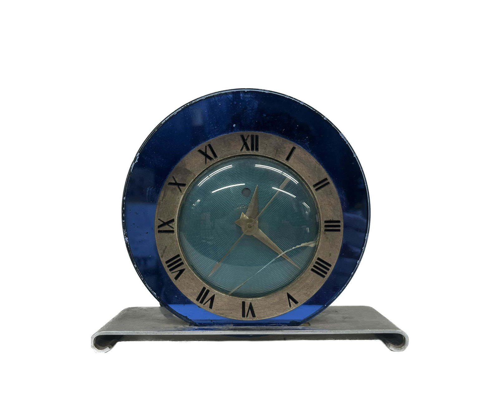 Art Deco Blue Mirror Glass Chrome Clock (1 of 4)