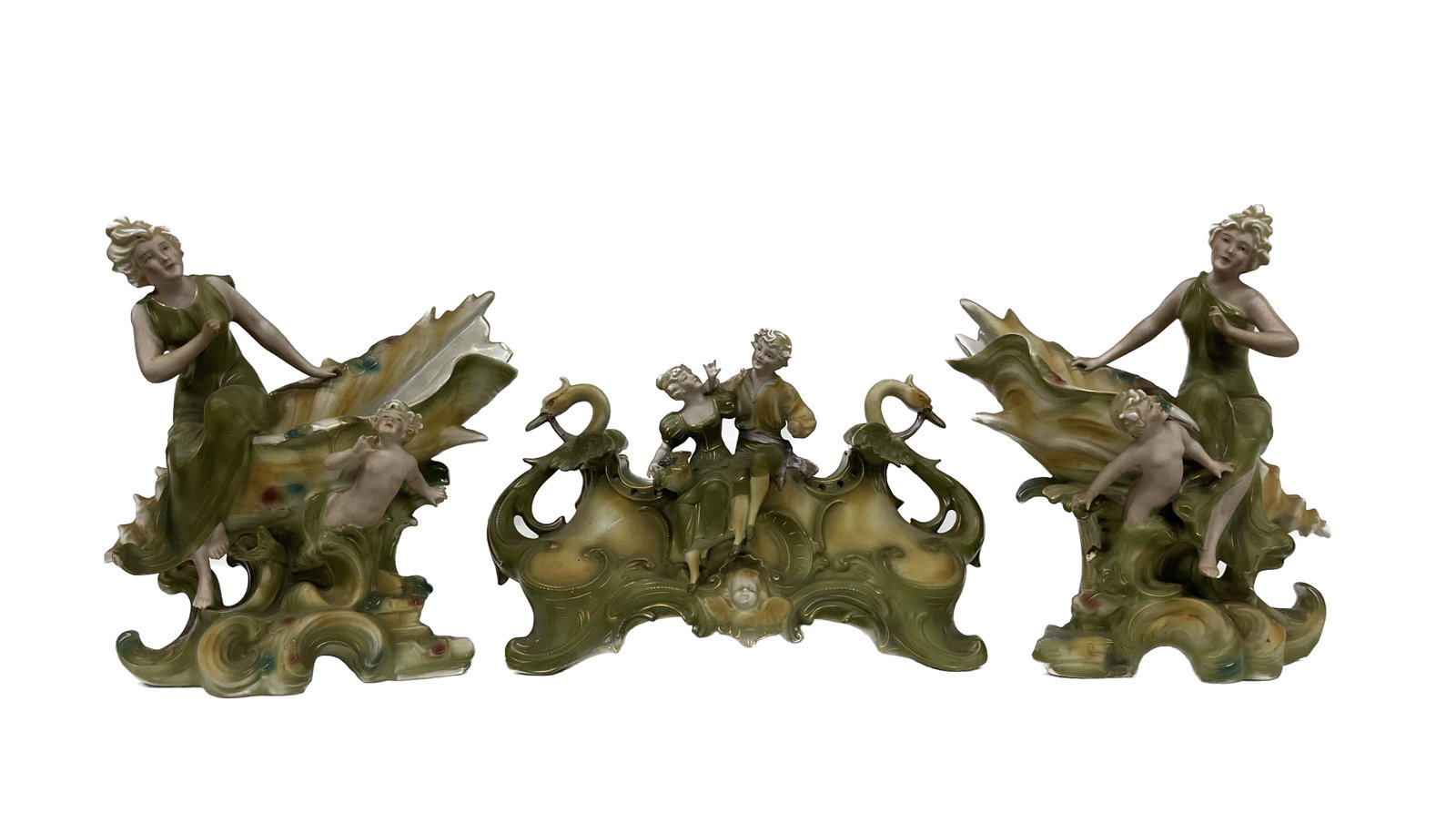 Art Nouveau Style Centerpiece Set: Art Noveau Style Centerpiece Jardaniere Footed Bowl with Pair of Side Figurine Women Sitting ontop of Seashell Conch Listening or Talking to a Cupid or Cherub Teplitz Austrian Bohemian Royal Dux Condi