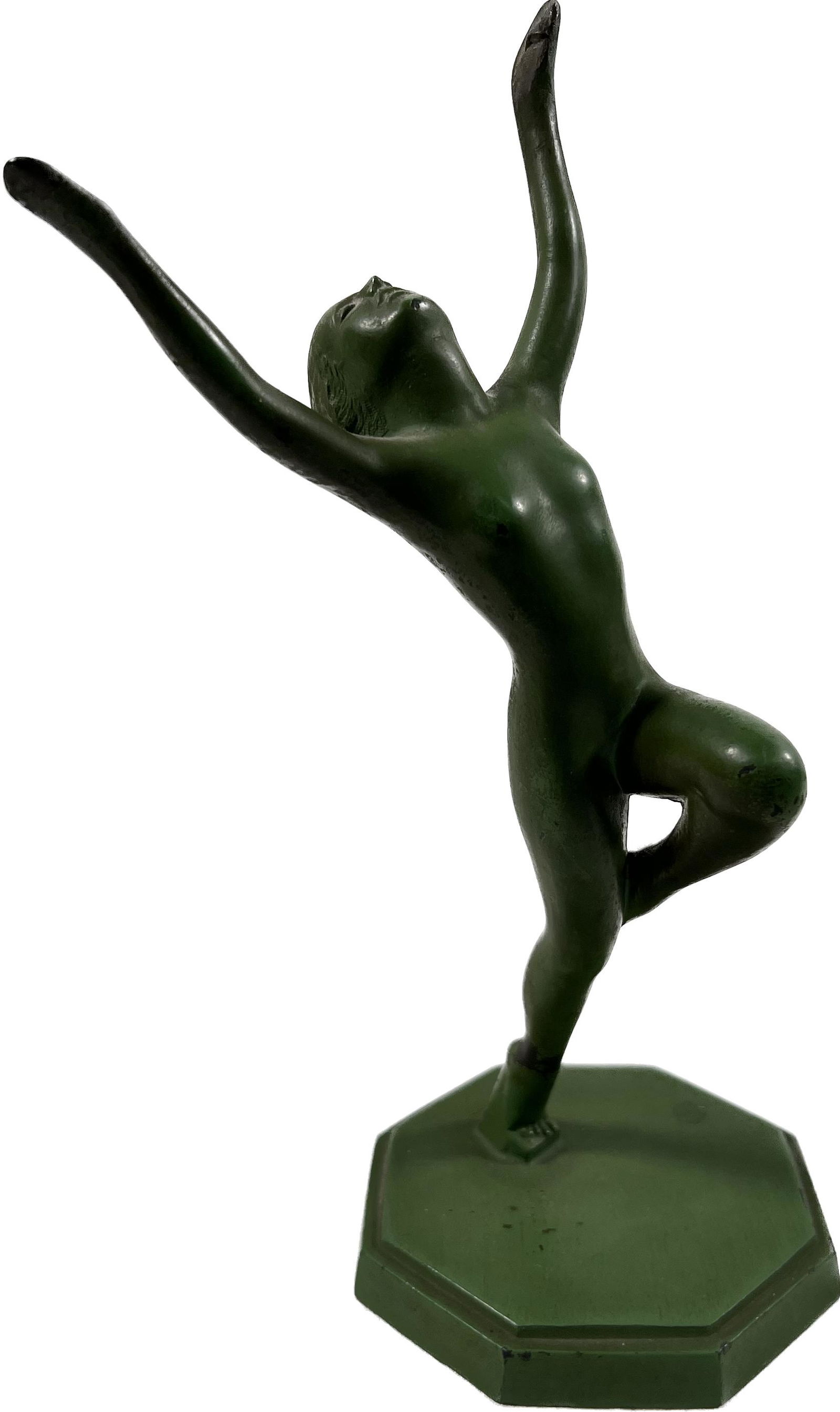 Art Deco Nuart Green Nude Dancing Girl: Art Deco Nuart Frankart Style Green Patinated Spelter Metal circa 1928 Nude Dancing Girl Caught in Moment Statuette Dimensions 9.5" x 4" Pre-owned Condition Please Refer To Photos Out Of New York City