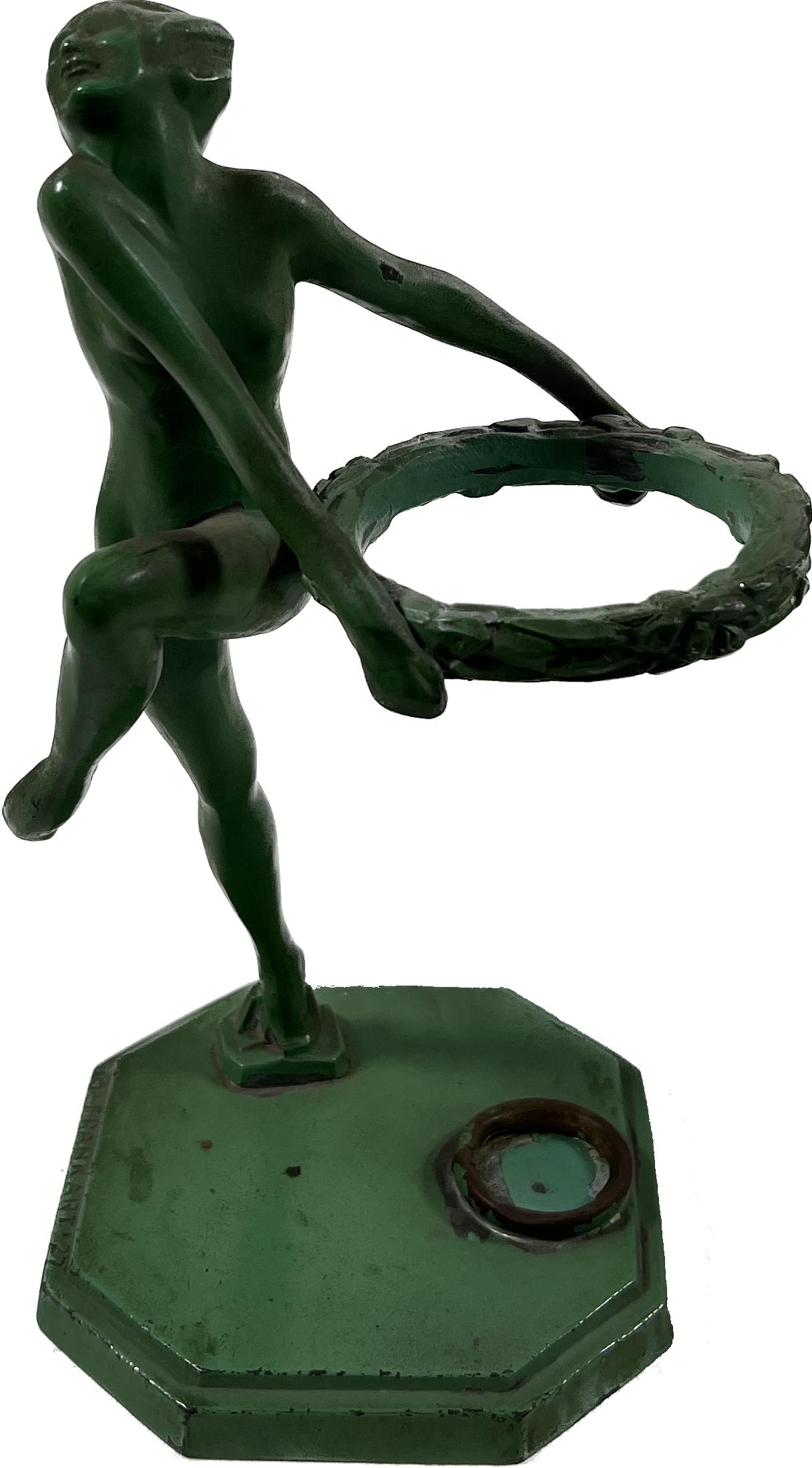 1927 Frankart Art Deco Statuette: 1927 Frankart Art Deco Statuette A 1927 Sculpture Made By Arthur Von Frankenberg (1898-1992) For Frankart A Green Patinated Spelter Figure Of A Whimsical Female Nude Figure Holding A Ring Signed On Th