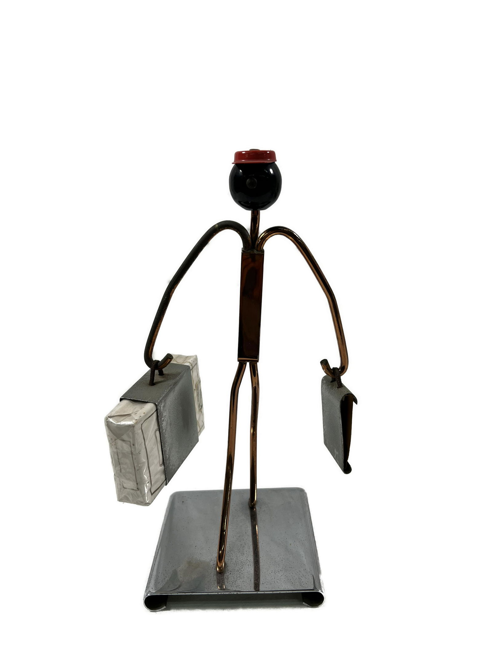 Art Deco P Morris Tobacco Bellboy Cigarette Holder: Art Deco Frankart Phillip Morris Tobacco Copper Bellboy Cigarette Holder with Wooden Black Laquered Head and Metal Red Hat Not Signed Dimensions 5" x 10" x 4" Pre-owned Condition Please Refer To Photo