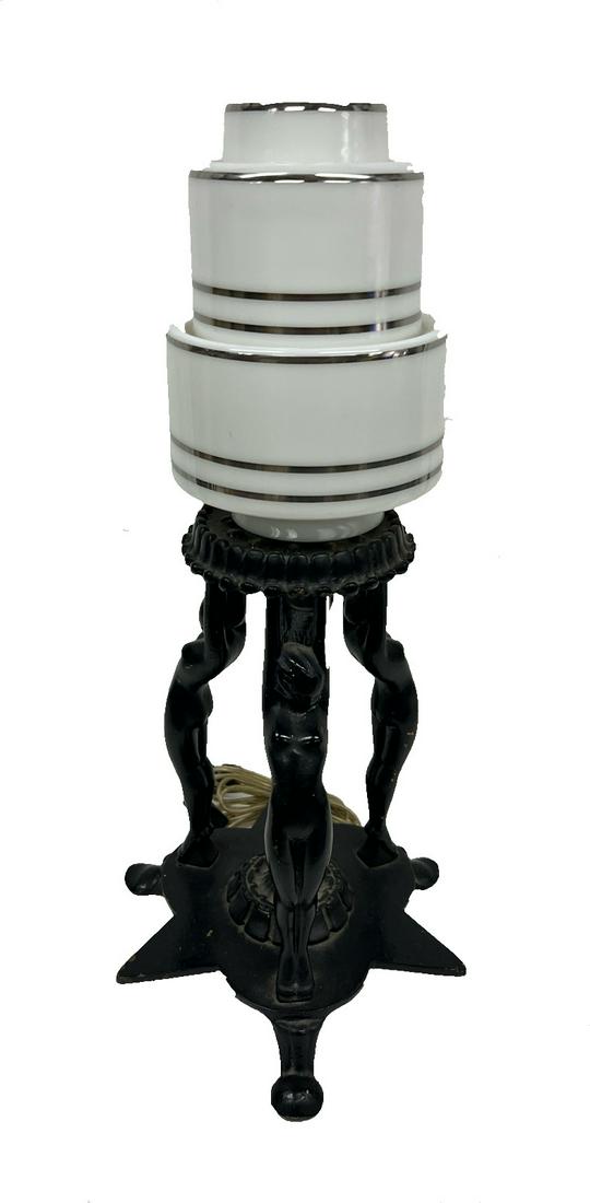 Art Deco Three Female Nude Table Lamp 1920s: Art Deco Three Female Nude Table Lamp 1920s White Glass Shade With Thin Silver Color Strips Dimensions 10"Diameter x 14"H In Working Good Pre-owned Condition Please Refer To Photos Out Of New York Cit