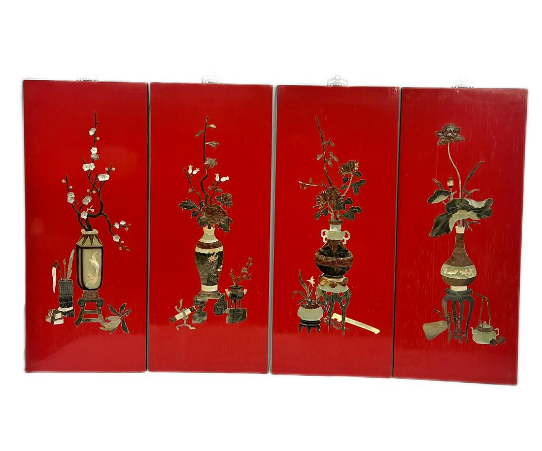 Set Of 4 Chinese Red Chinese Wall Panels