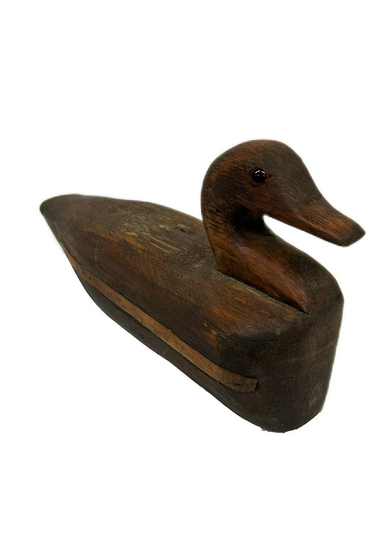 Antique Folk Art Duck Decoy: Antique Duck Hunting Decoy in Brown Color With Glass Eyes Hunter Shotgun Rifle Fish Game Fishing Hand Carved Dimensions 14"L x 7.5"H x 4"W Very Good Pre-Owned Condition Please Refer to Photos Out of S