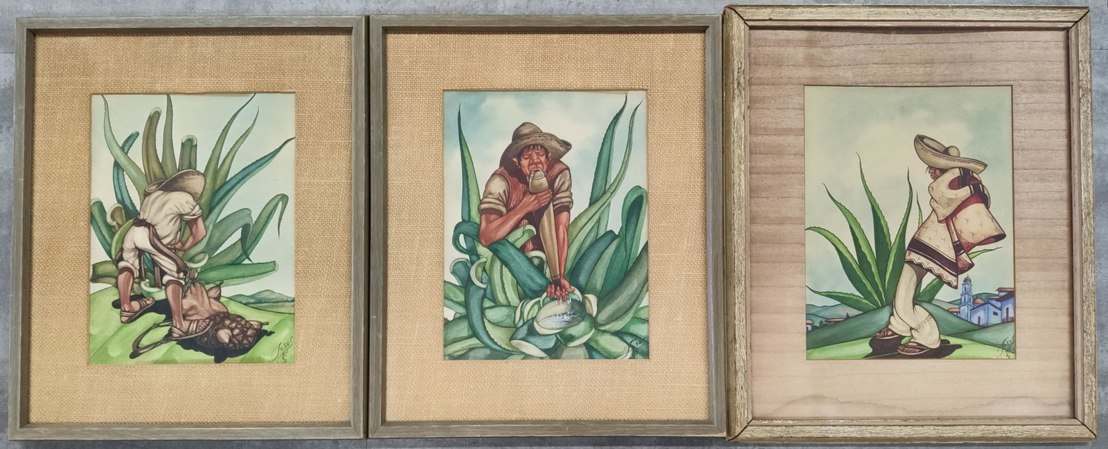 Jesus ( Mexican ) Watercolor Lof of 3: Jesus ( Mexico ) Watercolor Artist Signed Lot of 3 All Of Them Depicting Amish Farm Style People Drinking Pulque Alcoholic Beverage Made From The Light Fermented Sap Of The Maguey Agave Plant Signed L