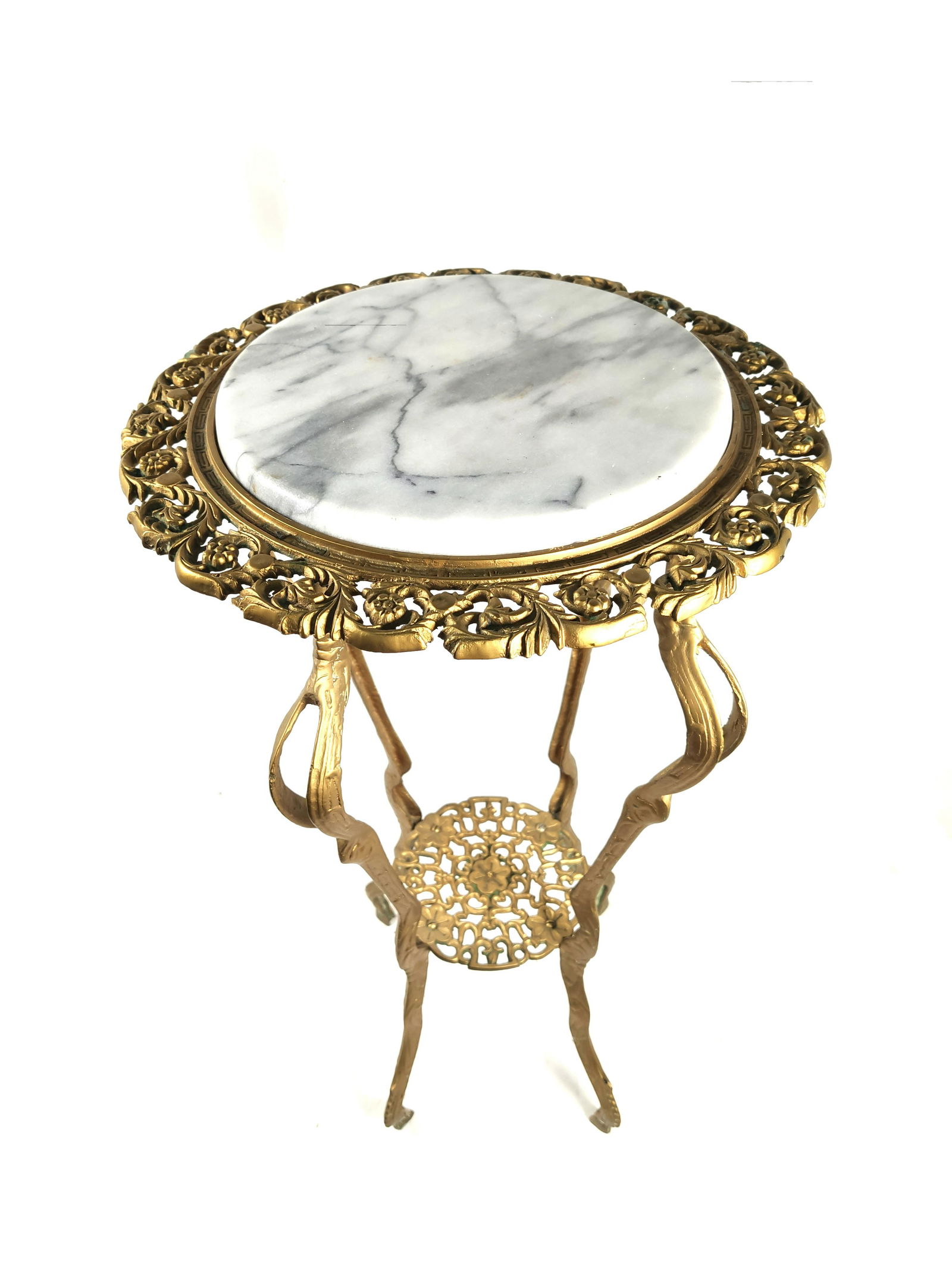 Antique Bronze Filigree Pedestal Table w Marble Top (1 of 9)