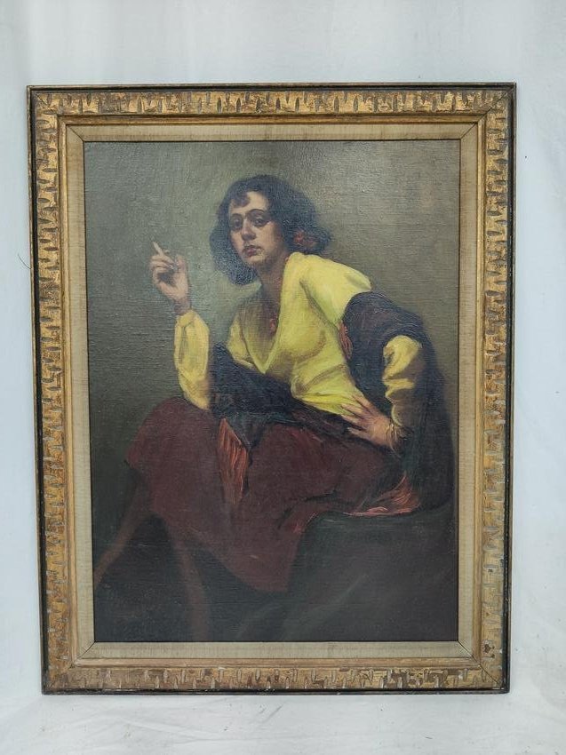 Bernard Henke? (American, 1878-1949) Oil on Canvas: Bernard Albert Henke? (American, 1878-1949) ??? Oil on Canvas on Masonite Depicting Portrait of Sitting Gypsy Woman Dressed well in Canary Yellow Siting Smoking and enjoying a Cigarette Signed Lower L