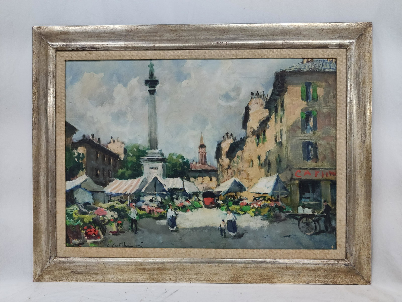 Impressionist Cityscape Oil on Canvas: Impressionist Cityscape Oil on Canvas Depicting Signed Illegable Possibly French or Italian ? Citi Fruits Veggies Stand Market Around Big Monument Framed Dimensions 25.5" x 33.5" Wear Consistent With 