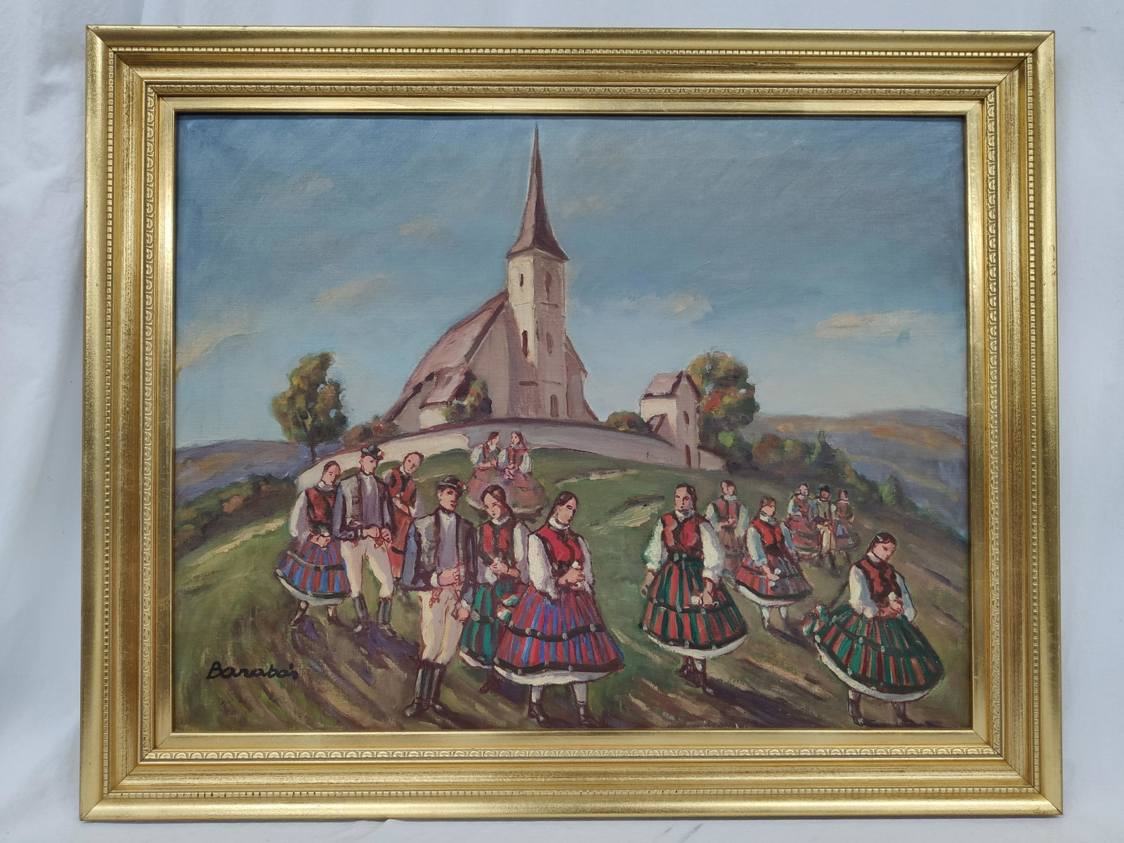 Marton Barabas ( Hungray 1893-1974 ) Oil on Canvas: Marton Barabas ( Hungarian 1893-1974 ) Oil on Canvas Depicting A Small Town Church Scene With Various Folklore Man and Women Figures Signed Lower Left Framed Dimensions 32" x 26" Pre-Owned Good Condit