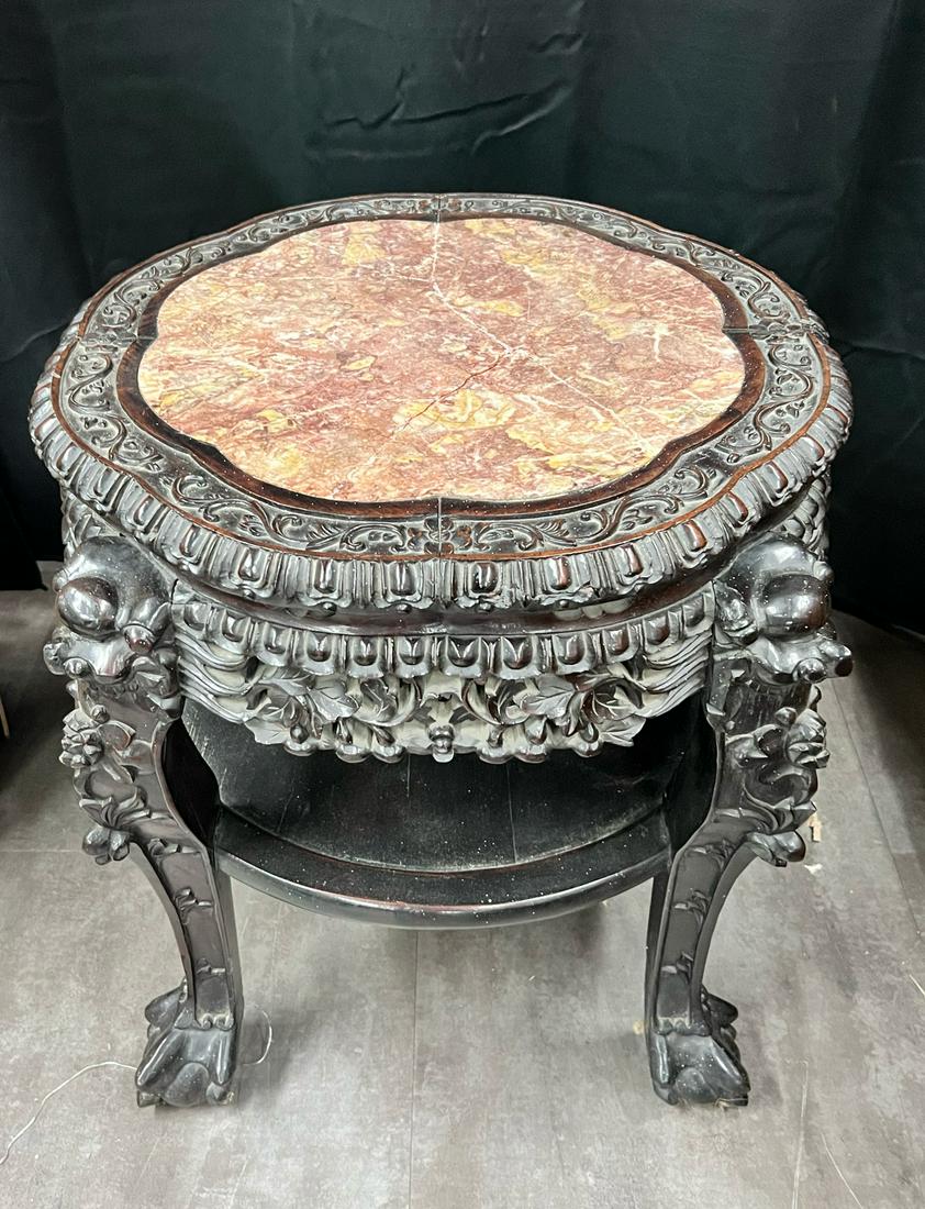 Hand Carved Marble Top Chinese Hardwood End Table (1 of 14)