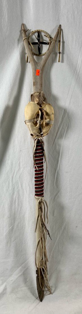 Native American Medicine Shaman Prayer Stick: Handmade Native American Indian Medicine Shaman Prayer Stick Made Of Animal Skull Feathers Horn Wood Bone Fur And Glass Beads This Item Measures 38"L X 5"W X 3"H Pre-Owned Good Condition Please Refer