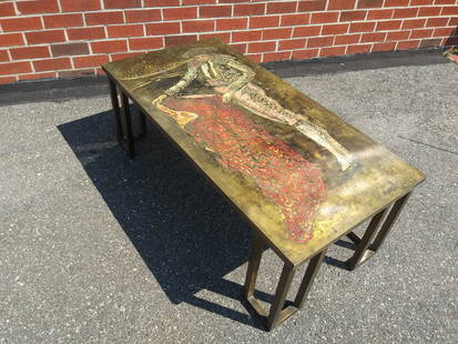 Philip And Kelvin LaVerne (American 1907-1987): Rare Philip Kelvin LaVerne ( American New York 1907-1987 ) Table Bronze Body Completely Covered With Etched Partly Internalized Or Enameled Bronze Rectangular Base With Large Reserves And Profile