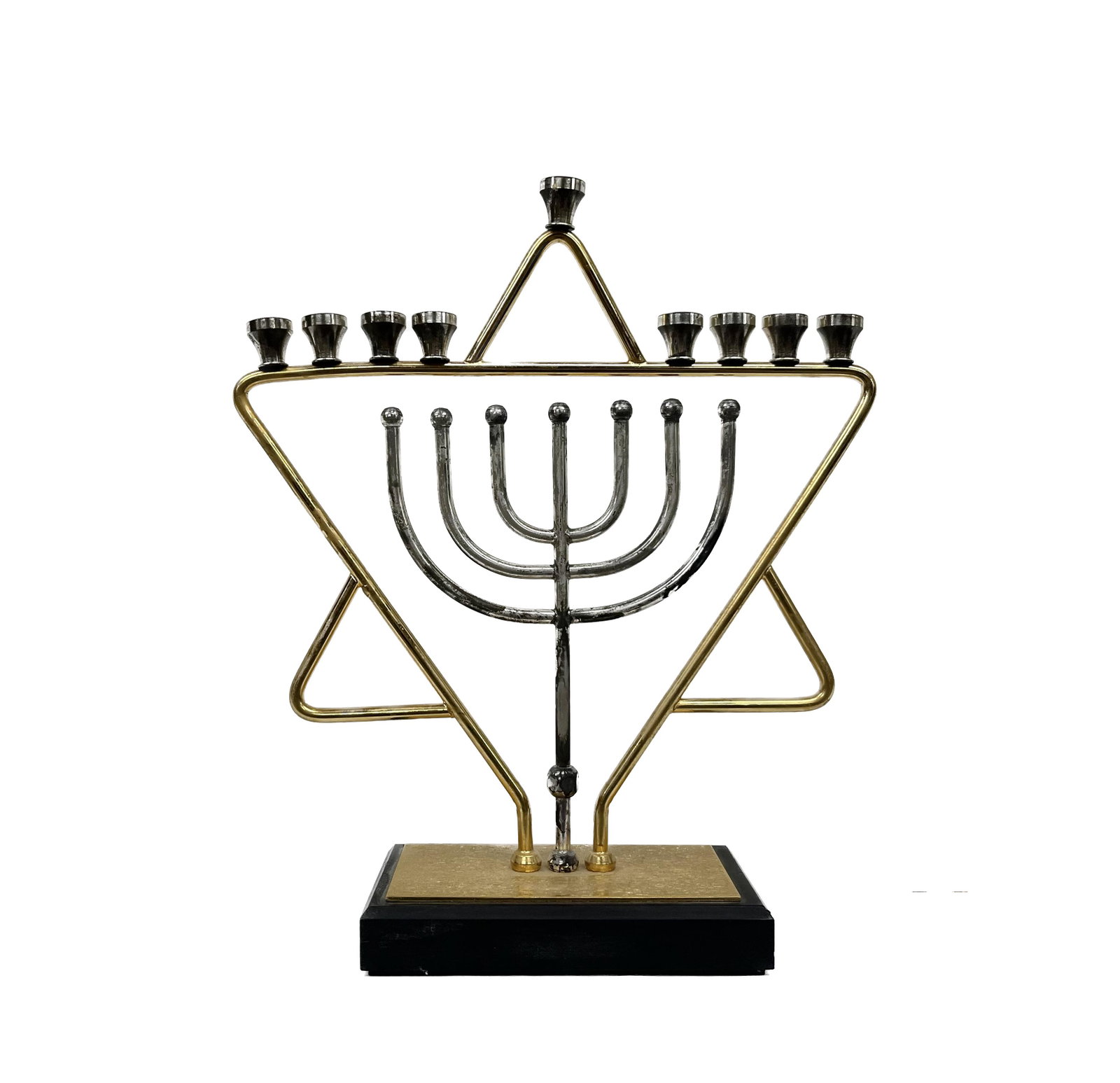Mid Century Menorah Judaica: Judaica Mid-Century Modern Menorah Hanukkah Candelabrum Gold Tone Candle Holder 20th Century 12" H 10" W in Overall Good Condition Please look at Photos Closely Out of a New York City Estate