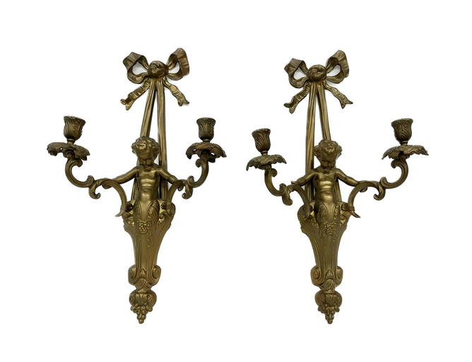 Pair Of Gilt Bronze Bow & Cherub Wall Sconces