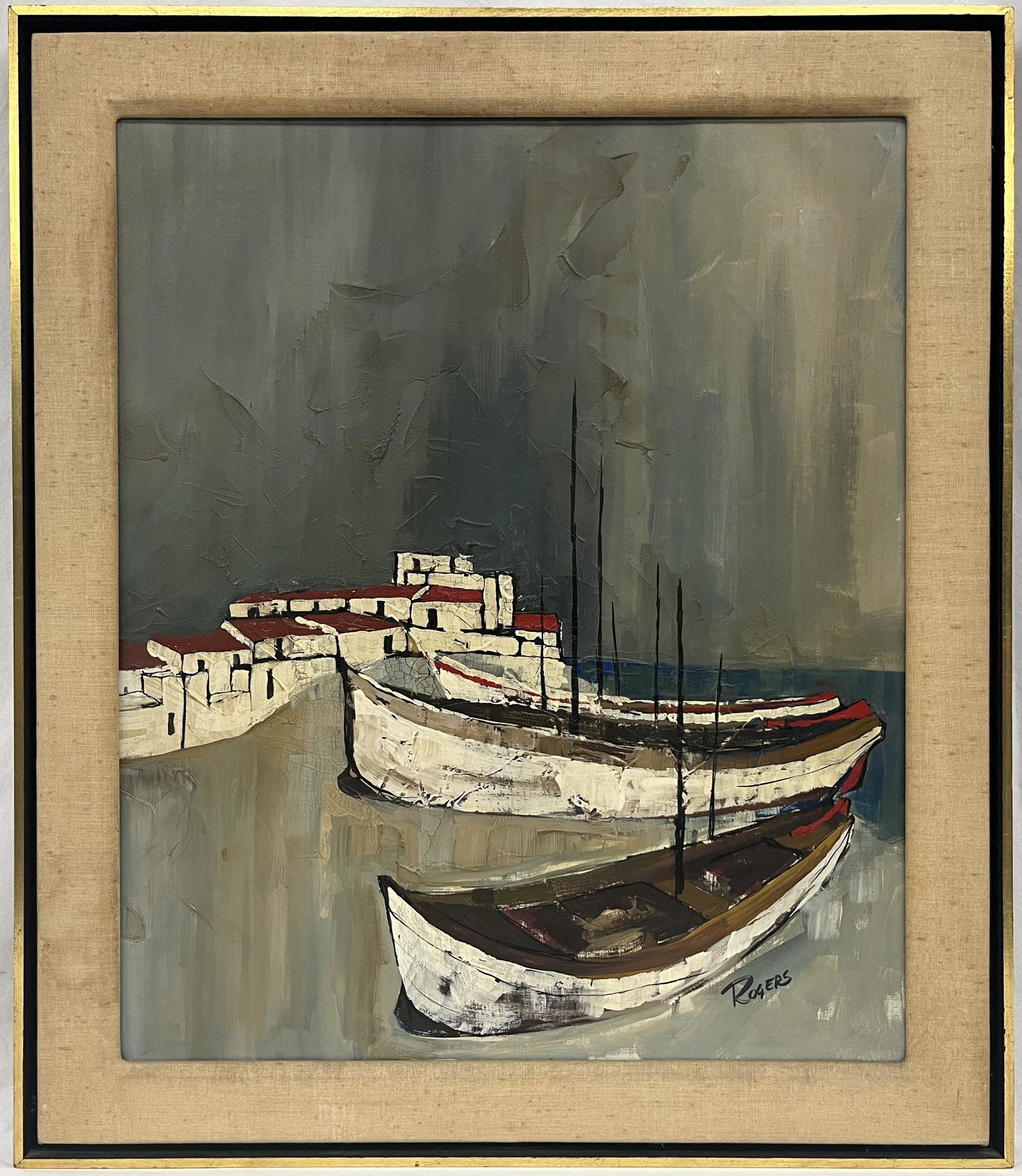 American School Ship Dockyard Oil on Canvas Signed (1 of 4)