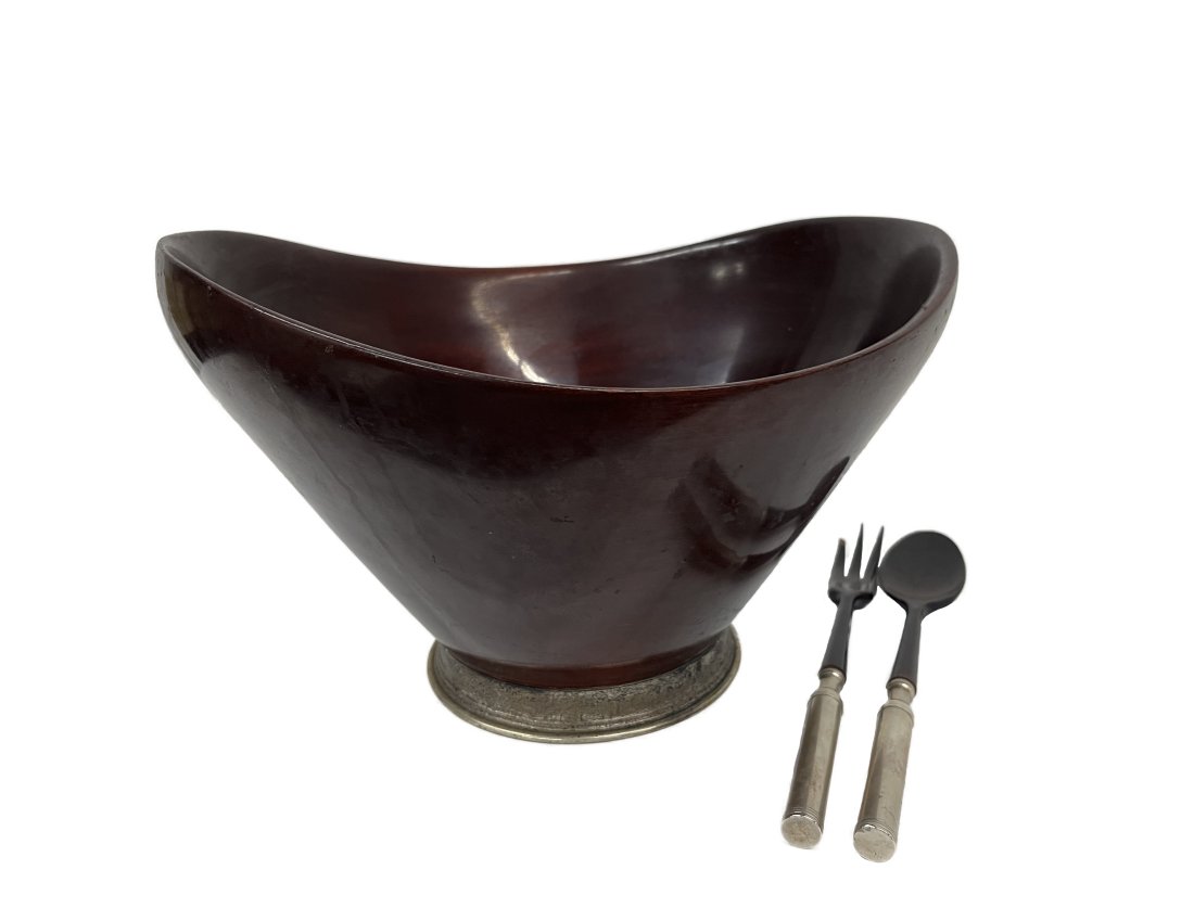 Modernist Mahogany & Silver Salad Set MCM (1 of 8)