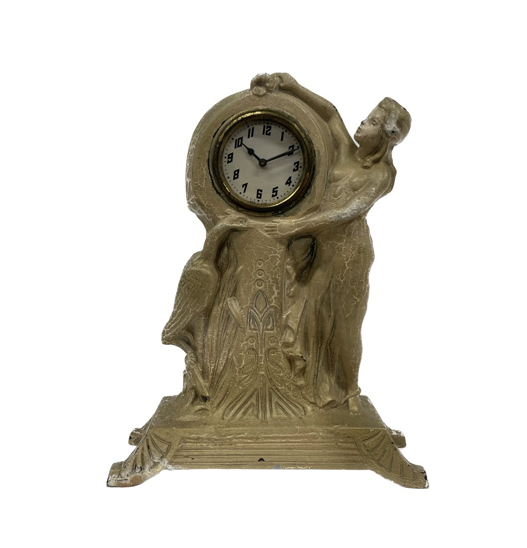 Art Nouveau Figural Clock: Anrt Noveau Figural French Spelter Metal Table or Mentle Clock Depicting a Nude Young Female Lady with Crane Bird Wind Up Clock made in USA America Condition Needs a Good Cleaning Dimensions 9.5 Inche